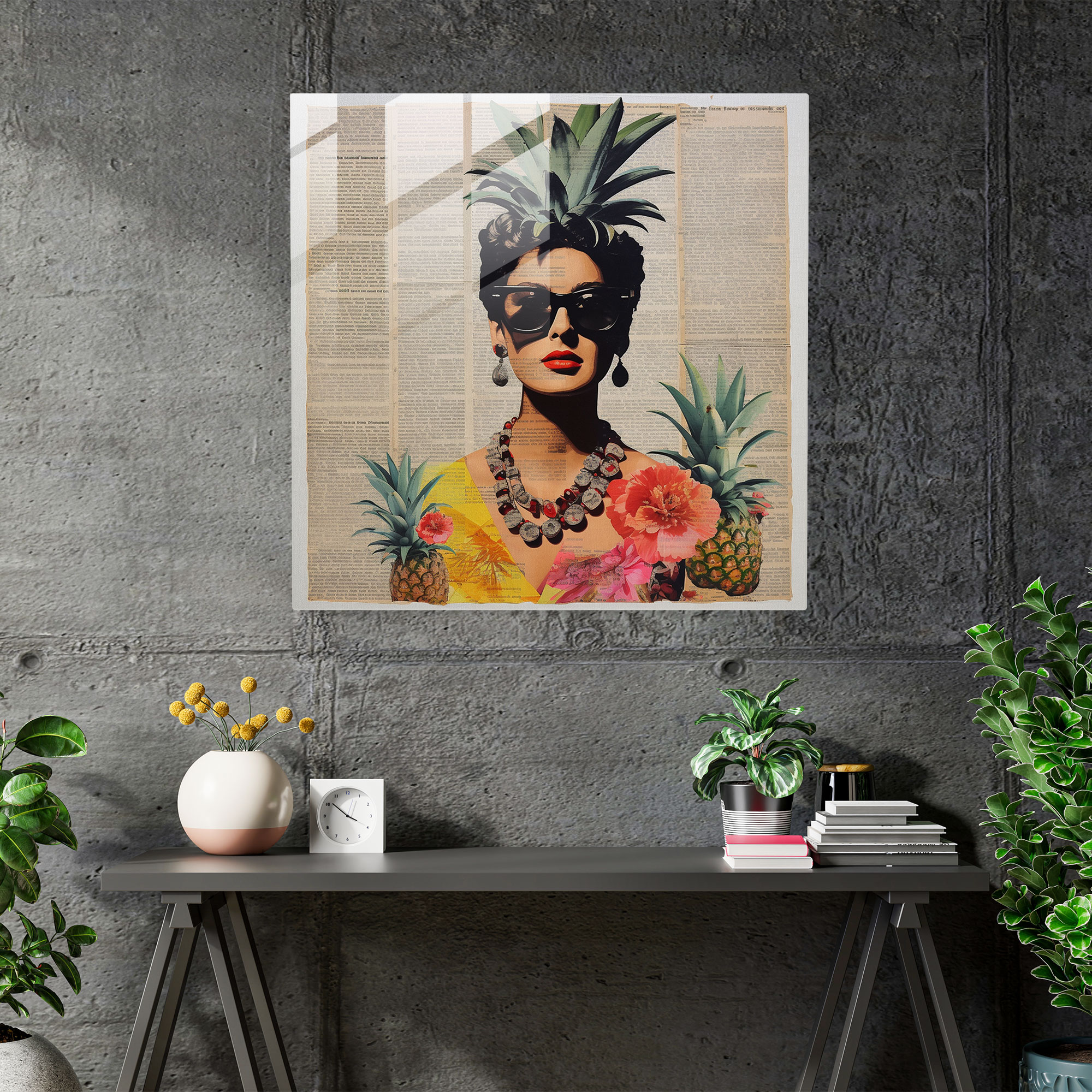 Vintage Collage Pineapple Glass Print - Pineapple, Glass Art, Wall Decoration, Modern Art