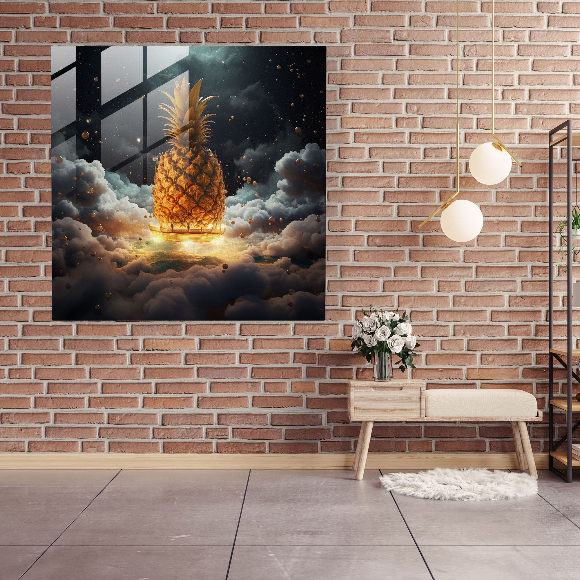 Surreal Floating Pineapple Glass Print - Pineapple, Wall Decoration, Glass Print, Home Decoration