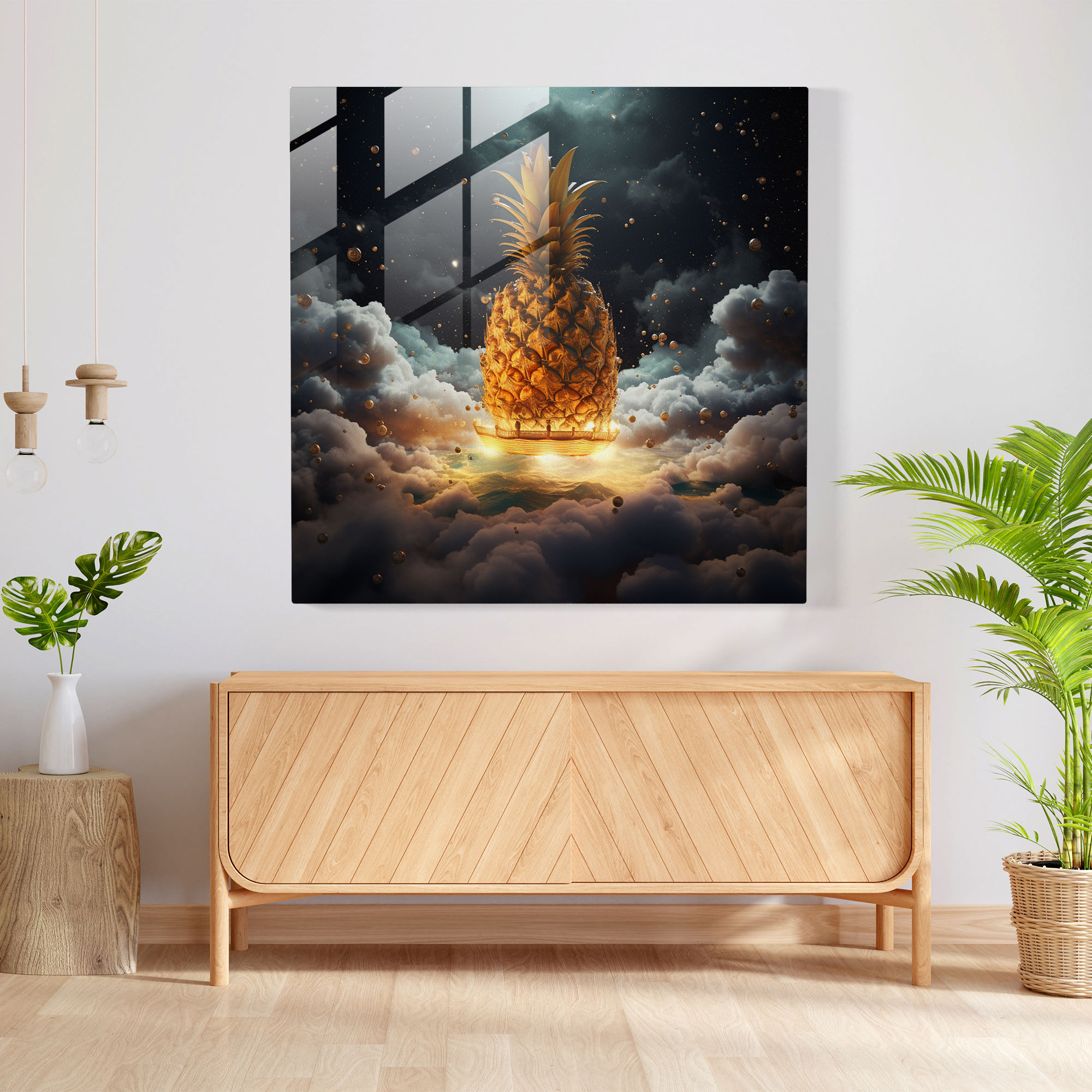 Surreal Floating Pineapple Glass Print - Pineapple, Wall Decoration, Glass Print, Home Decoration