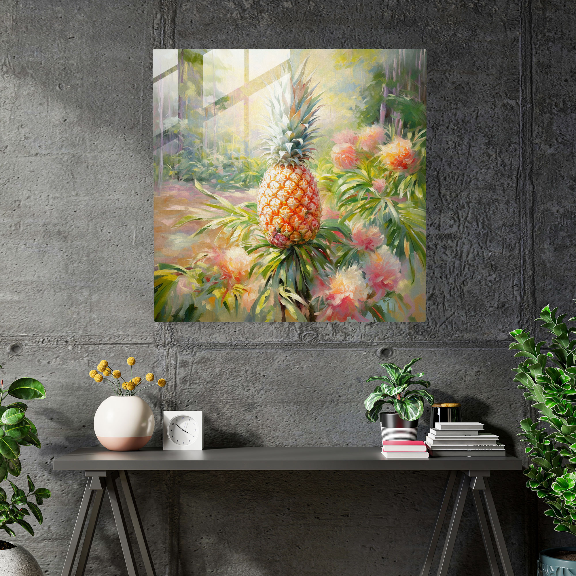Idyllisches Ananas Glasbild - Ananas Pinselstriche Glasbild