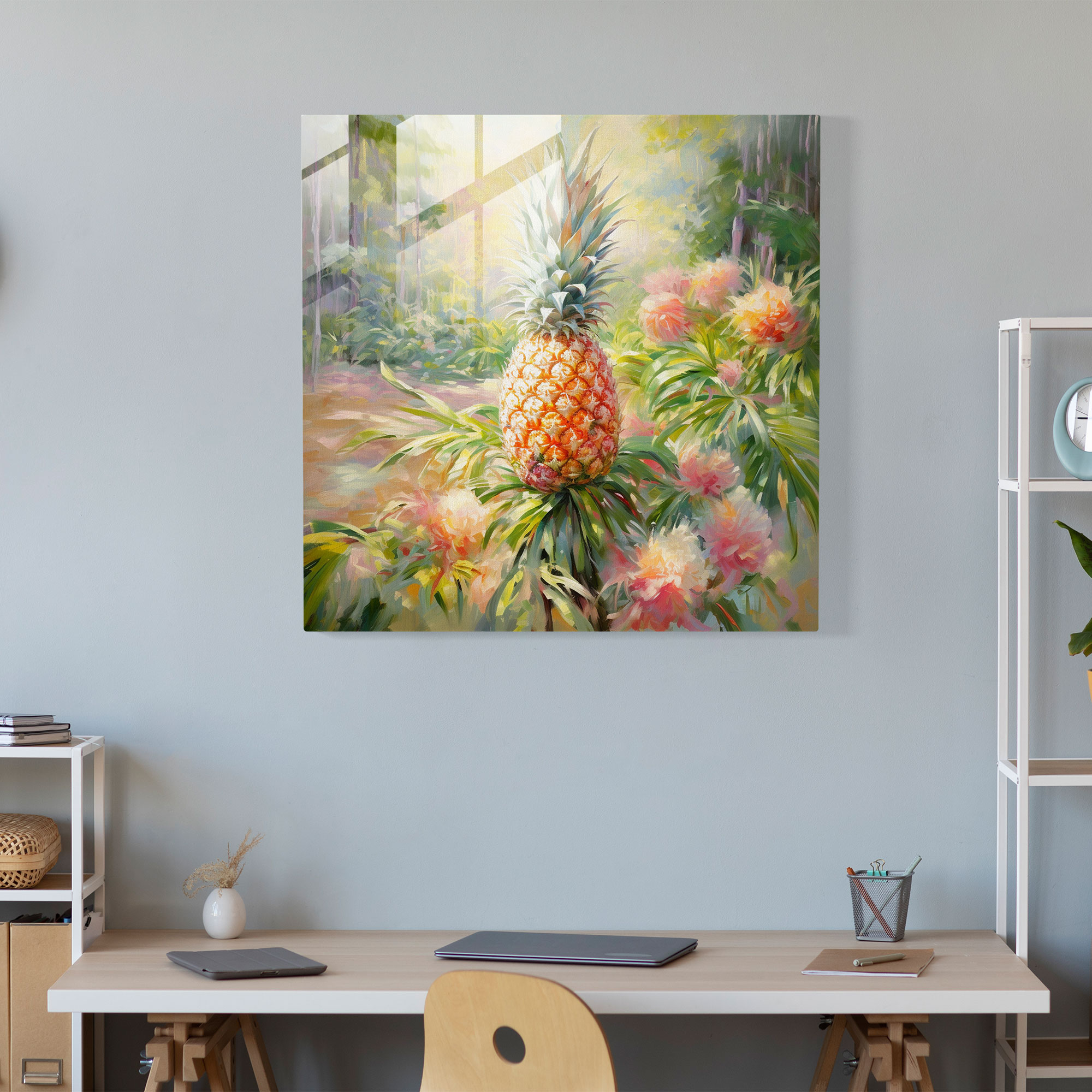 Idyllisches Ananas Glasbild - Ananas Pinselstriche Glasbild