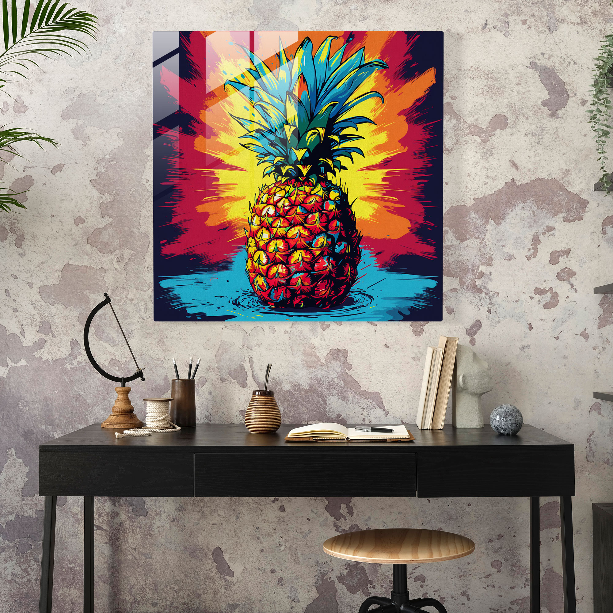 Color Burst Pineapple Glass Print - Pineapple, Vibrant Colors, Pop Art Illustration, Wall Decoration