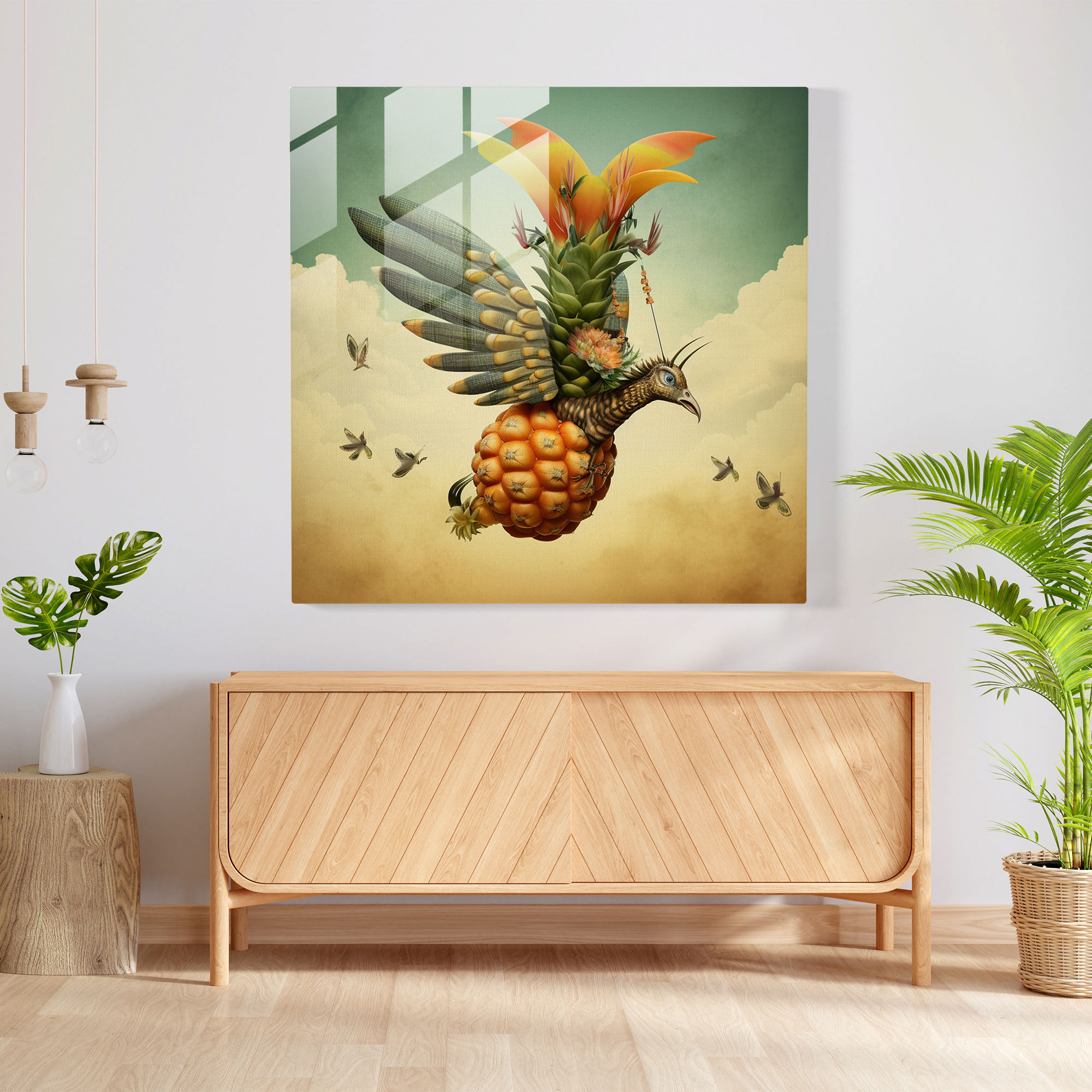 Flying Pineapple Glass Print - Pineapple, Surreal Collage, Soaring, Imaginative