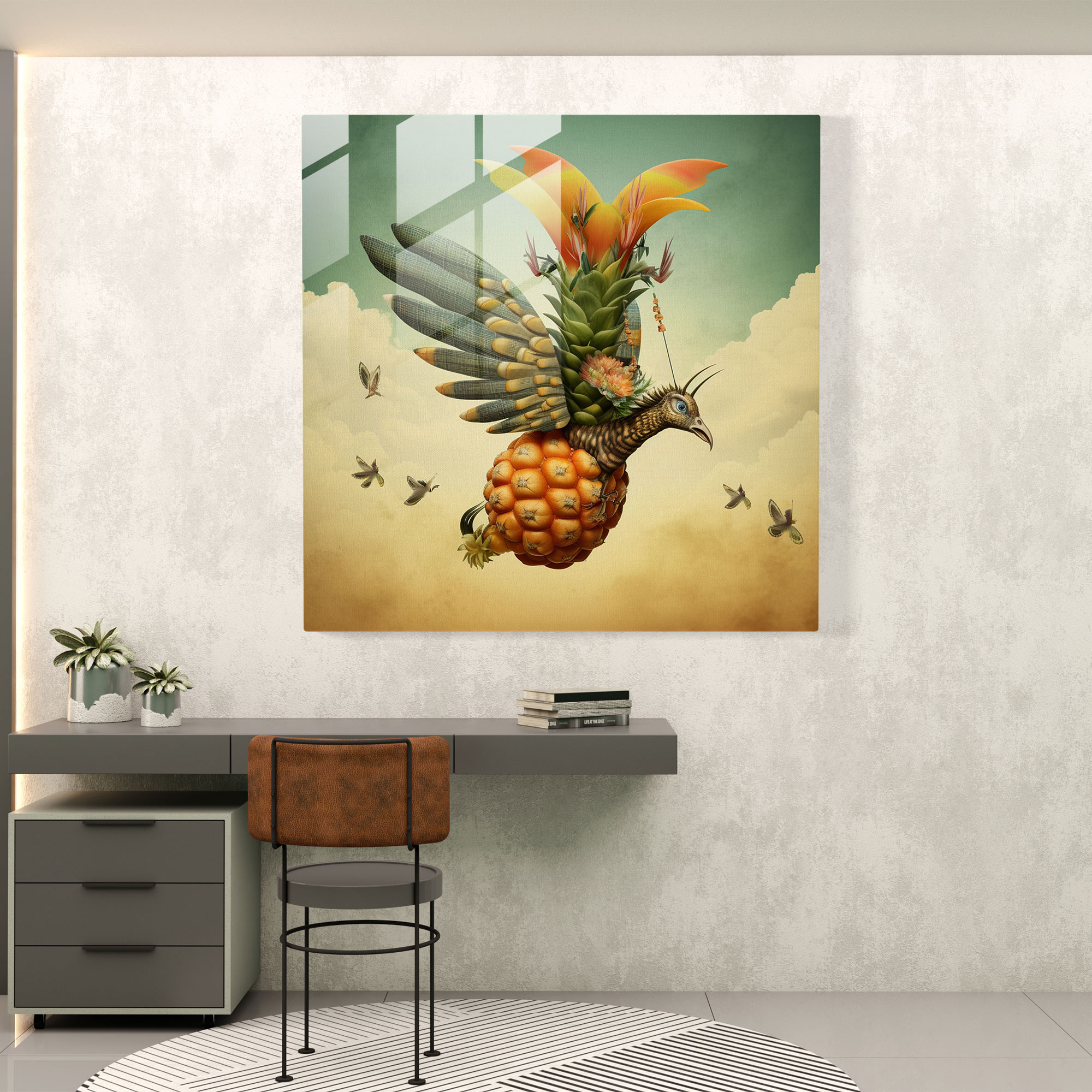 Flying Pineapple Glass Print - Pineapple, Surreal Collage, Soaring, Imaginative