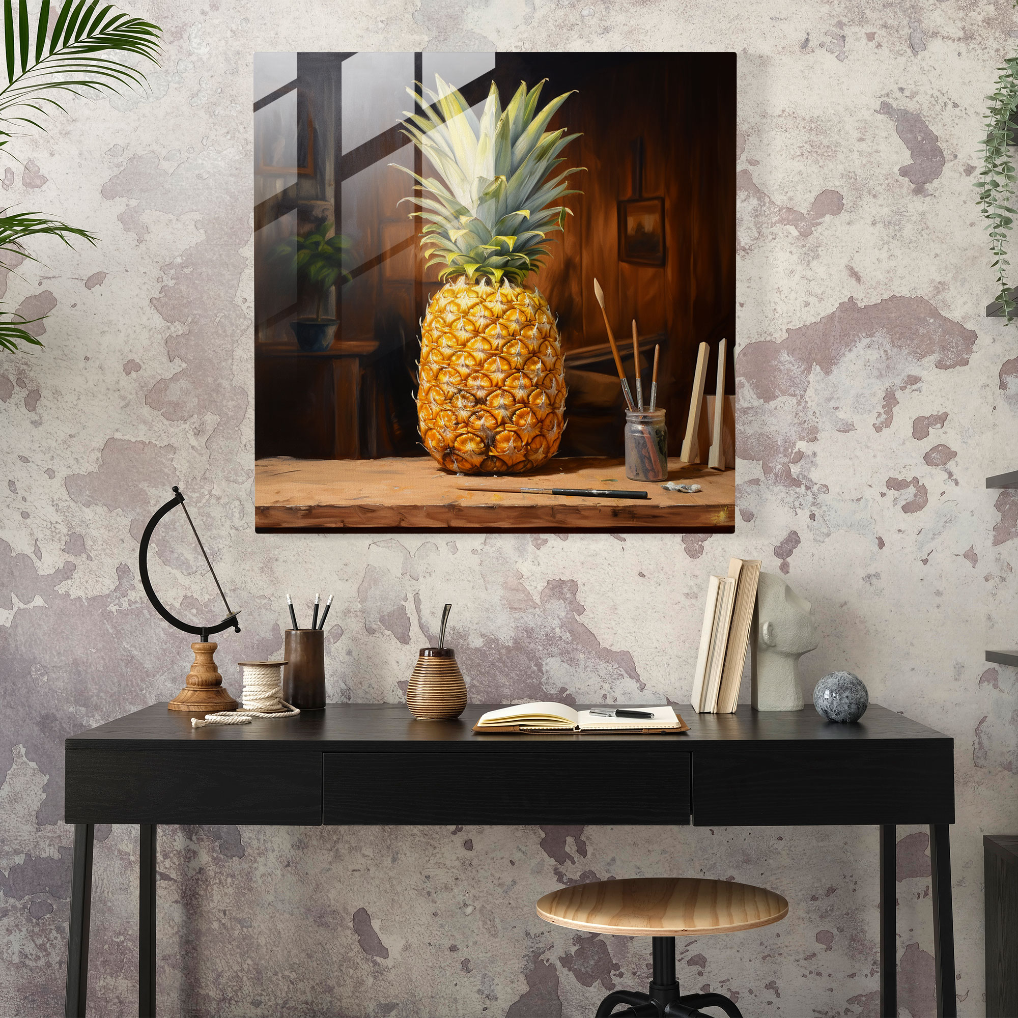 Rustic Pineapple Glass Print - Pineapple, Glass Wall Art, Realistic Oil Painting, Pineapple