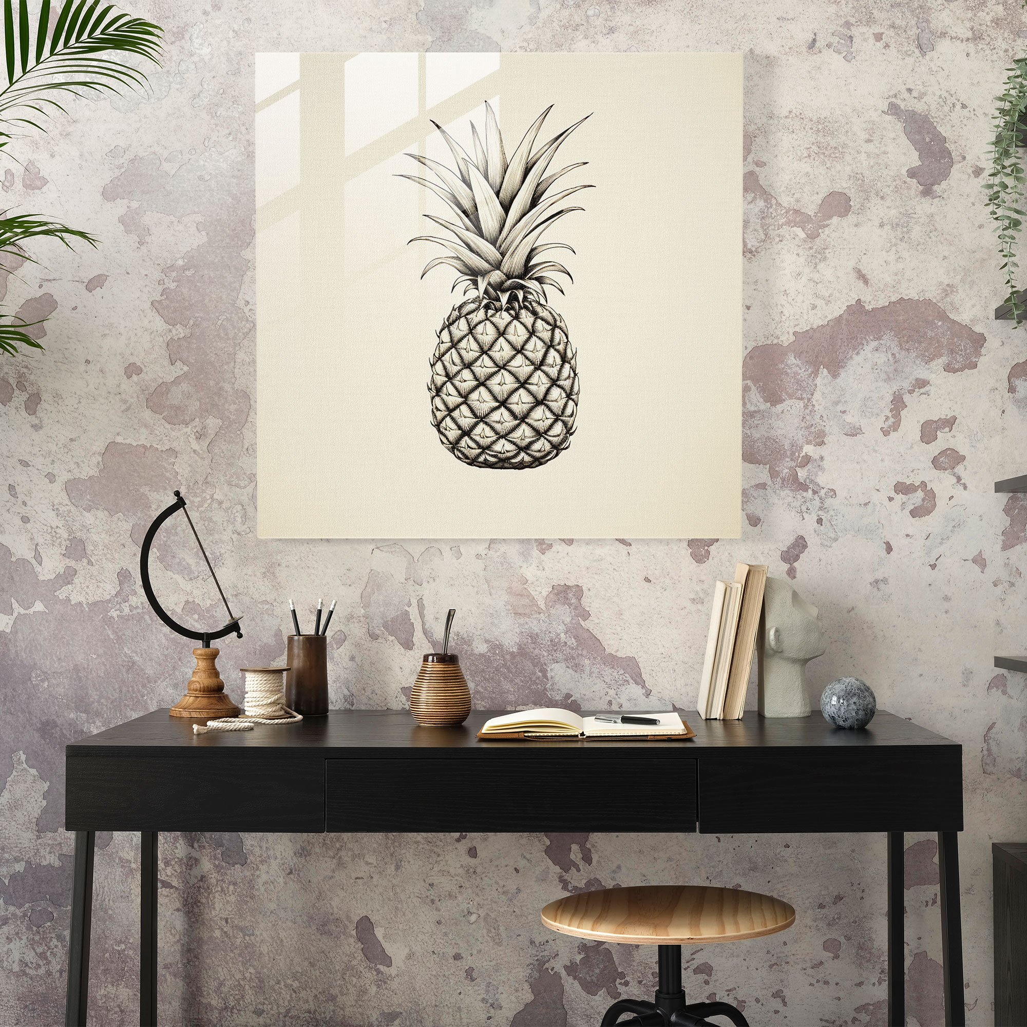 Sleek Pineapple Essence Glass Print - Pineapple, Home Decoration, Minimalist Line Drawing, Modern Art