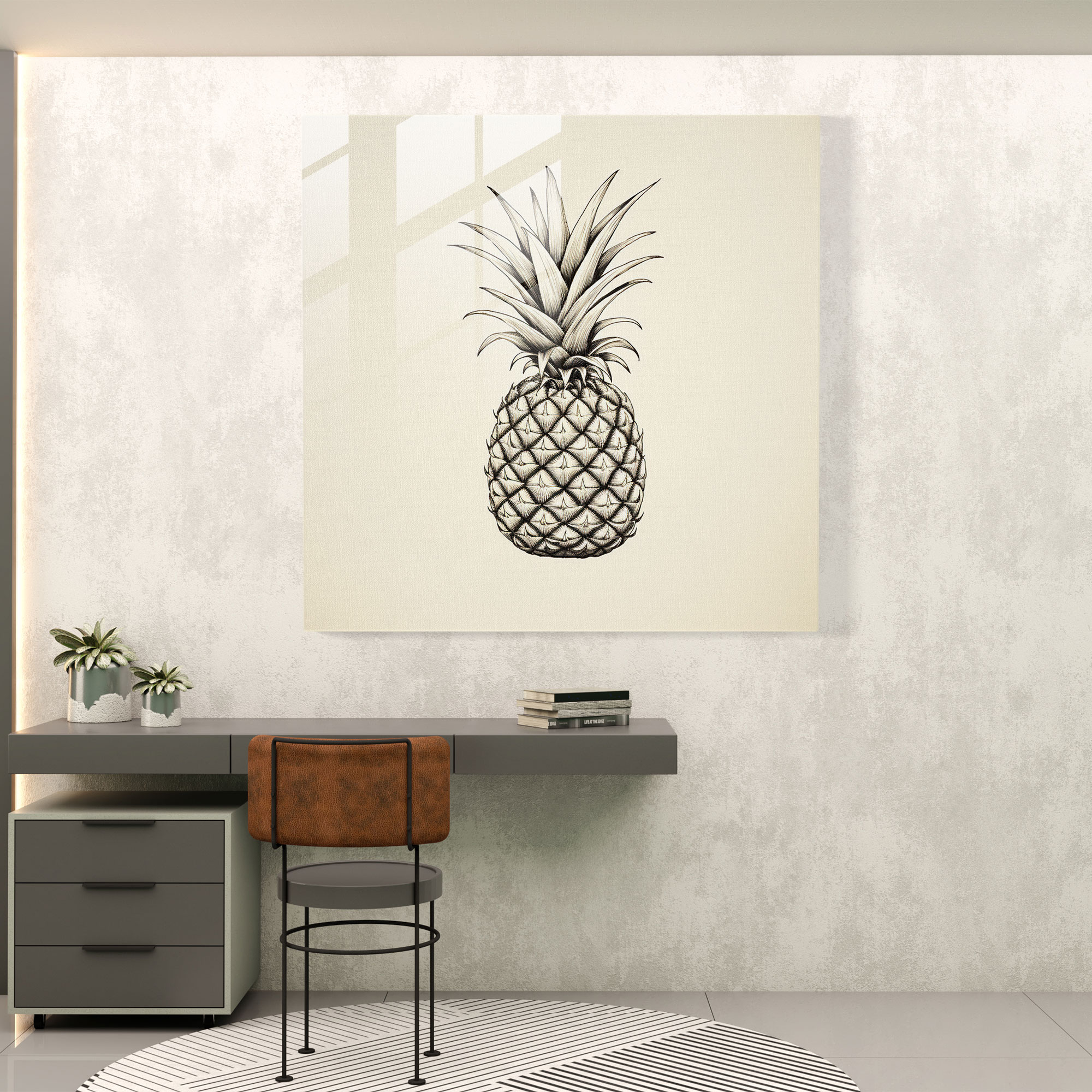Sleek Pineapple Essence Glass Print - Pineapple, Home Decoration, Minimalist Line Drawing, Modern Art
