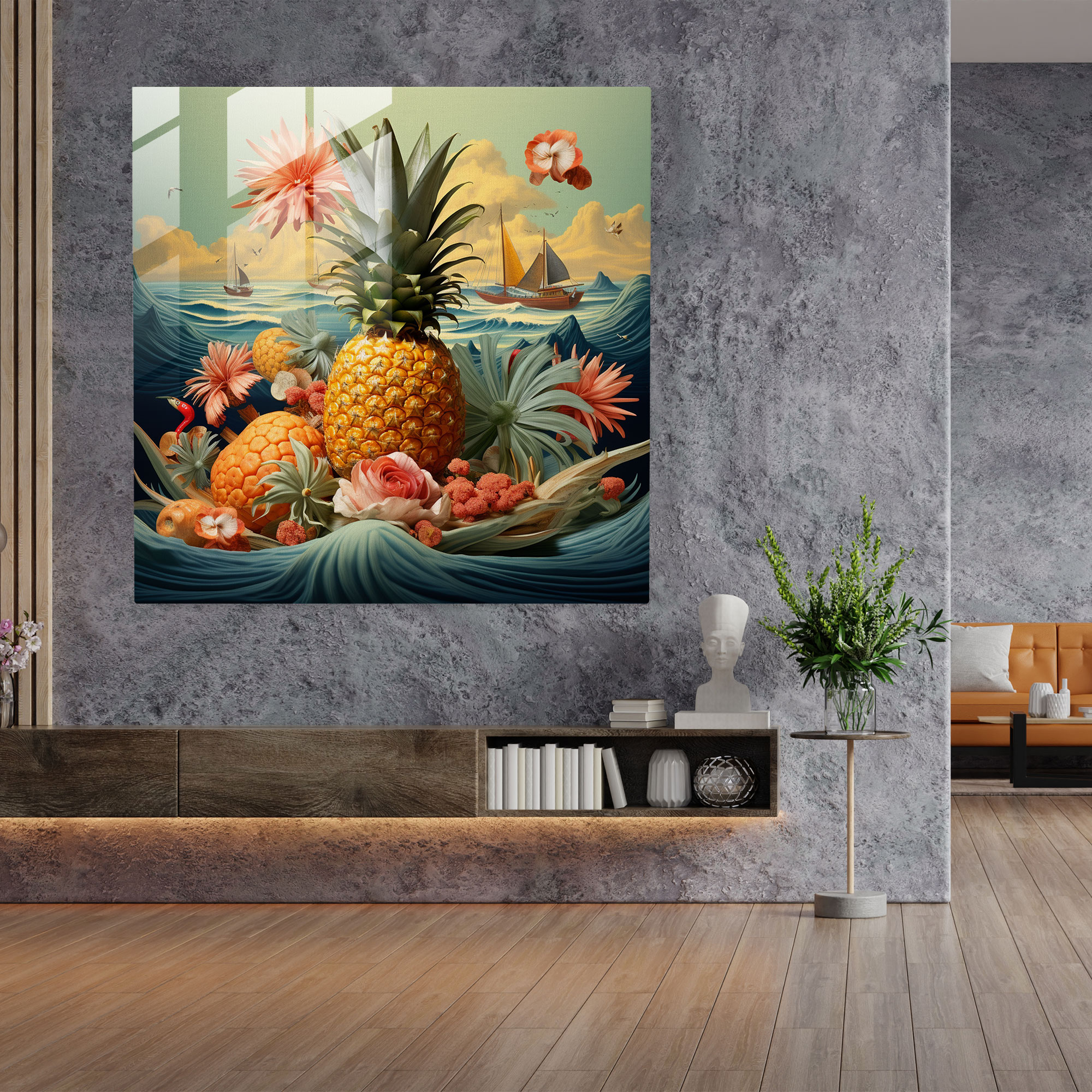 Tropical Fusion Glass Print - Pineapple, Modern Art, Vibrant Decor, Home Decoration