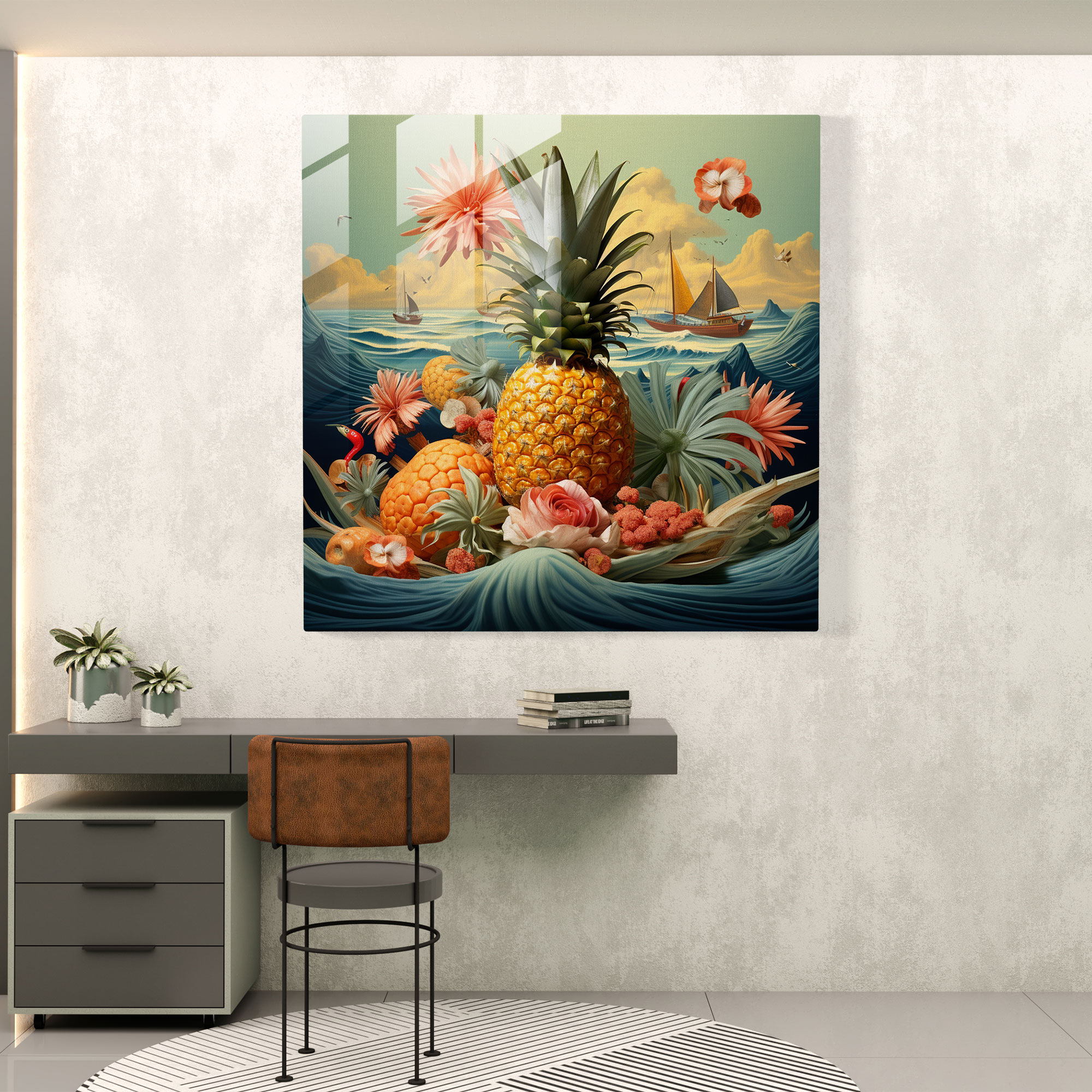 Tropical Fusion Glass Print - Pineapple, Modern Art, Vibrant Decor, Home Decoration