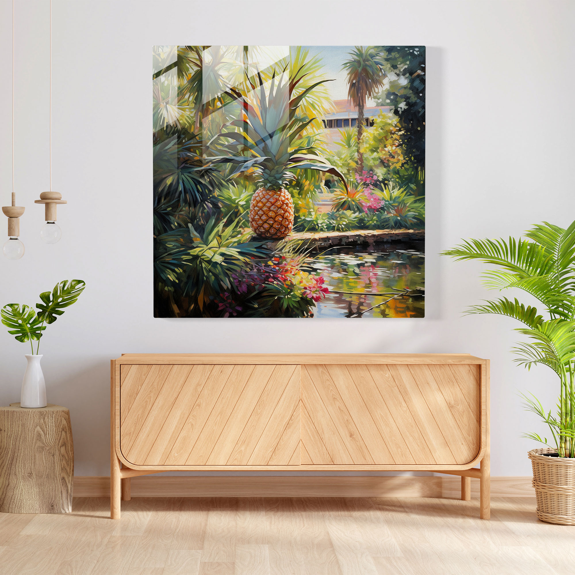 Tropisches Ananas Glasbild - Ananas Satte Farben Ruhe Tropischer Garten