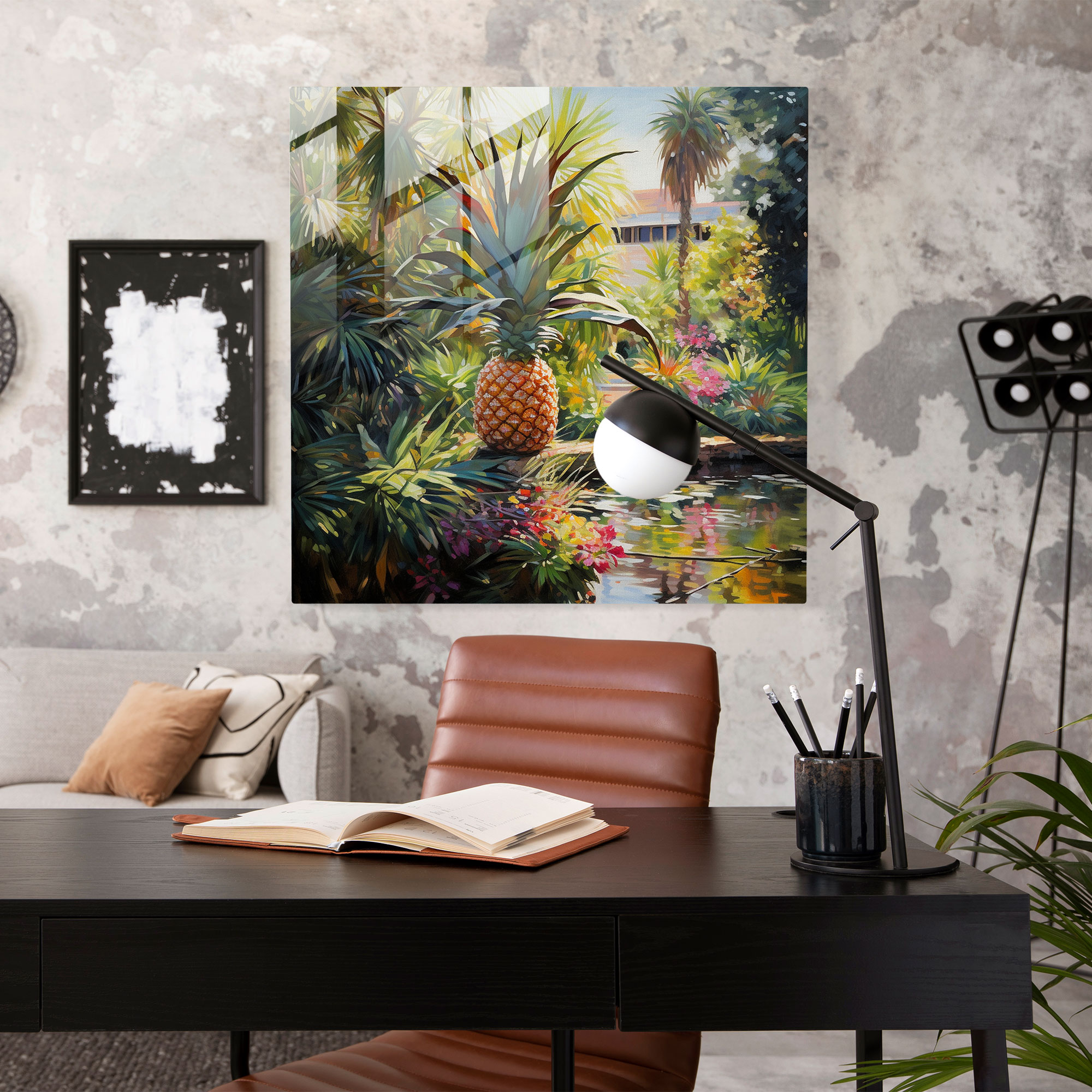 Tropisches Ananas Glasbild - Ananas Satte Farben Ruhe Tropischer Garten