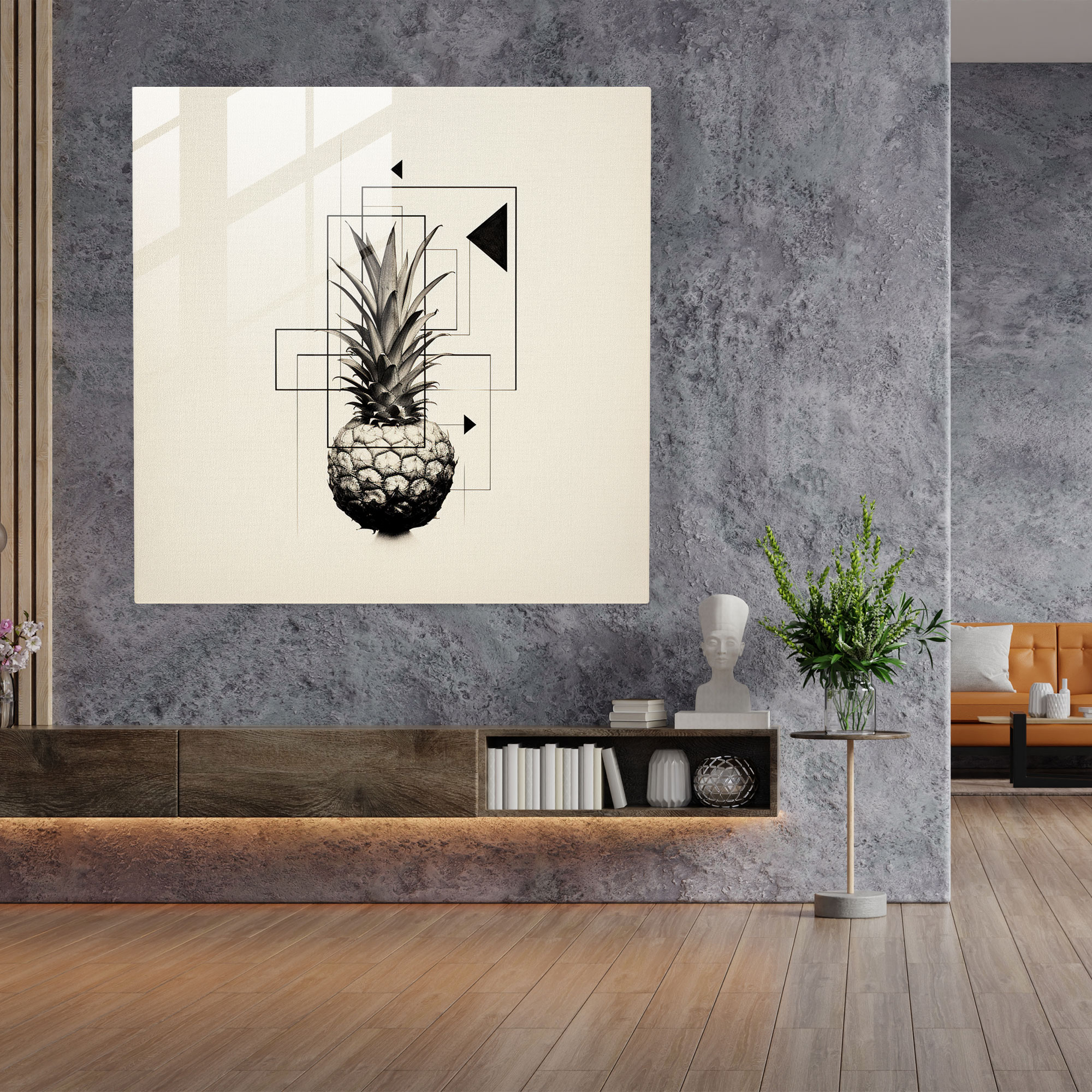 Minimalistisches Ananas Glasbild - Ananas Glas Kunst schwarz-weiße Skizze im minimalistischen Stil.