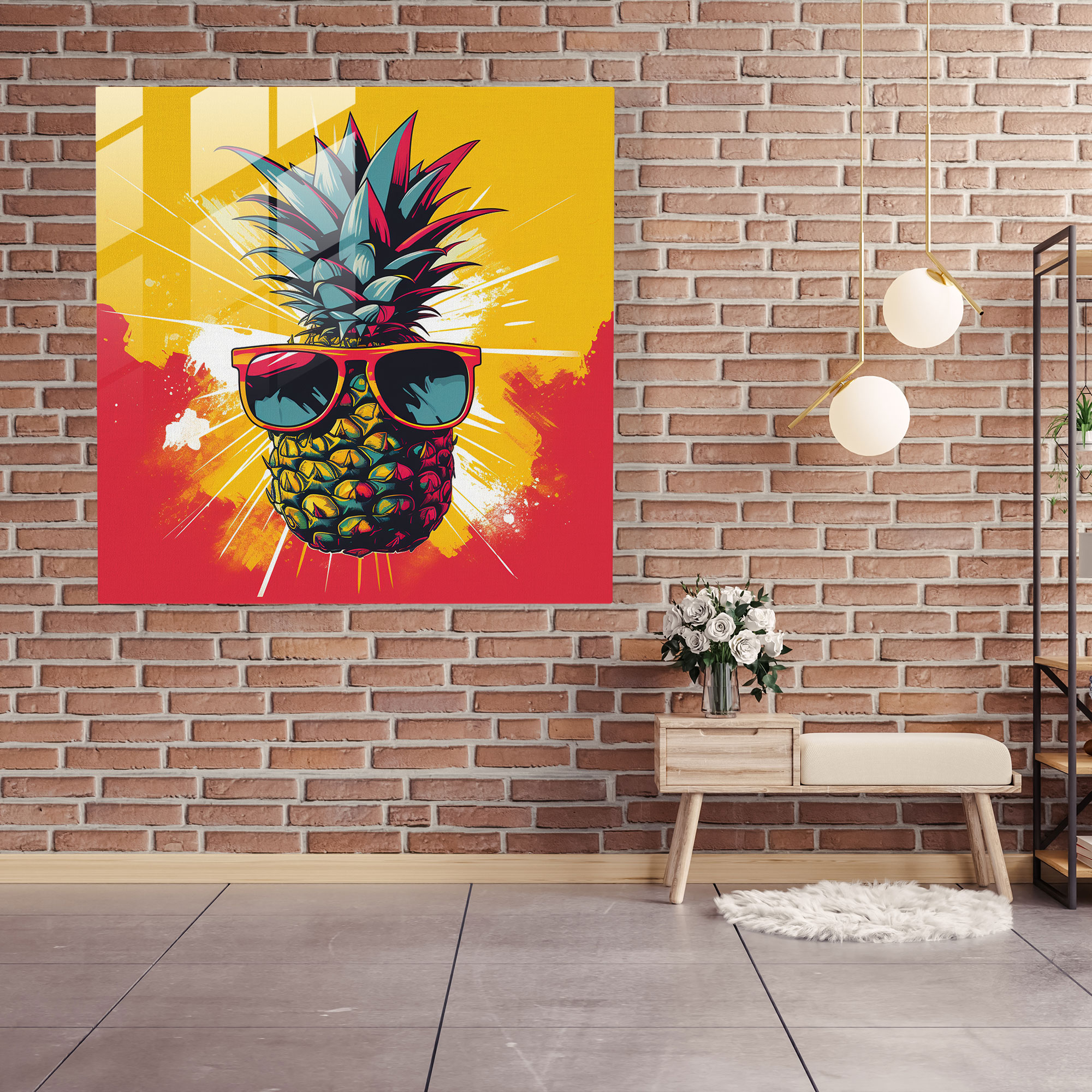Verspielter Ananas Glasdruck - Ananas Glasbild Moderne Kunst Glaskunst