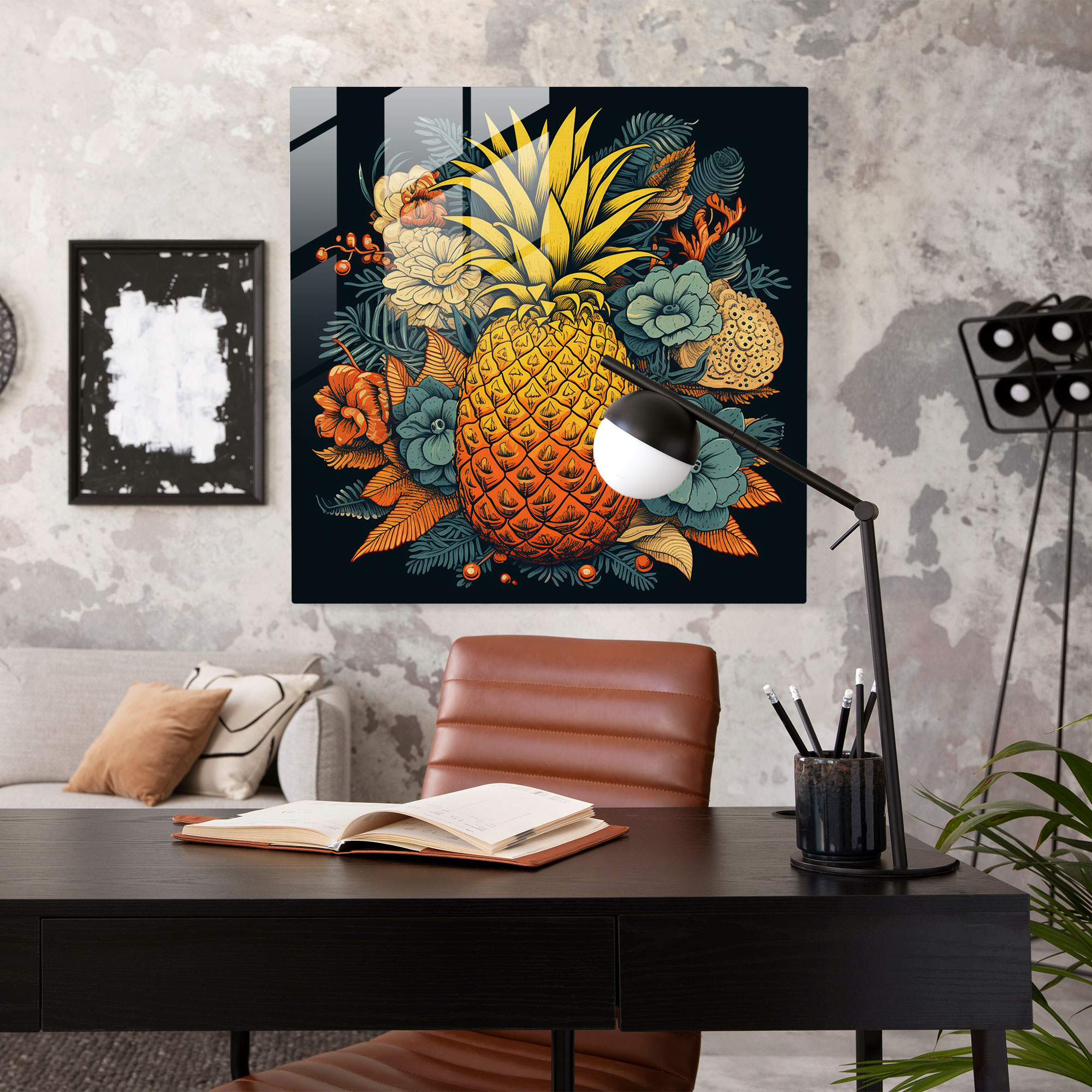 Botanical Pineapple Glass Print - Pineapple, Contemporary Illustration, Botanical Elements, Glass Art