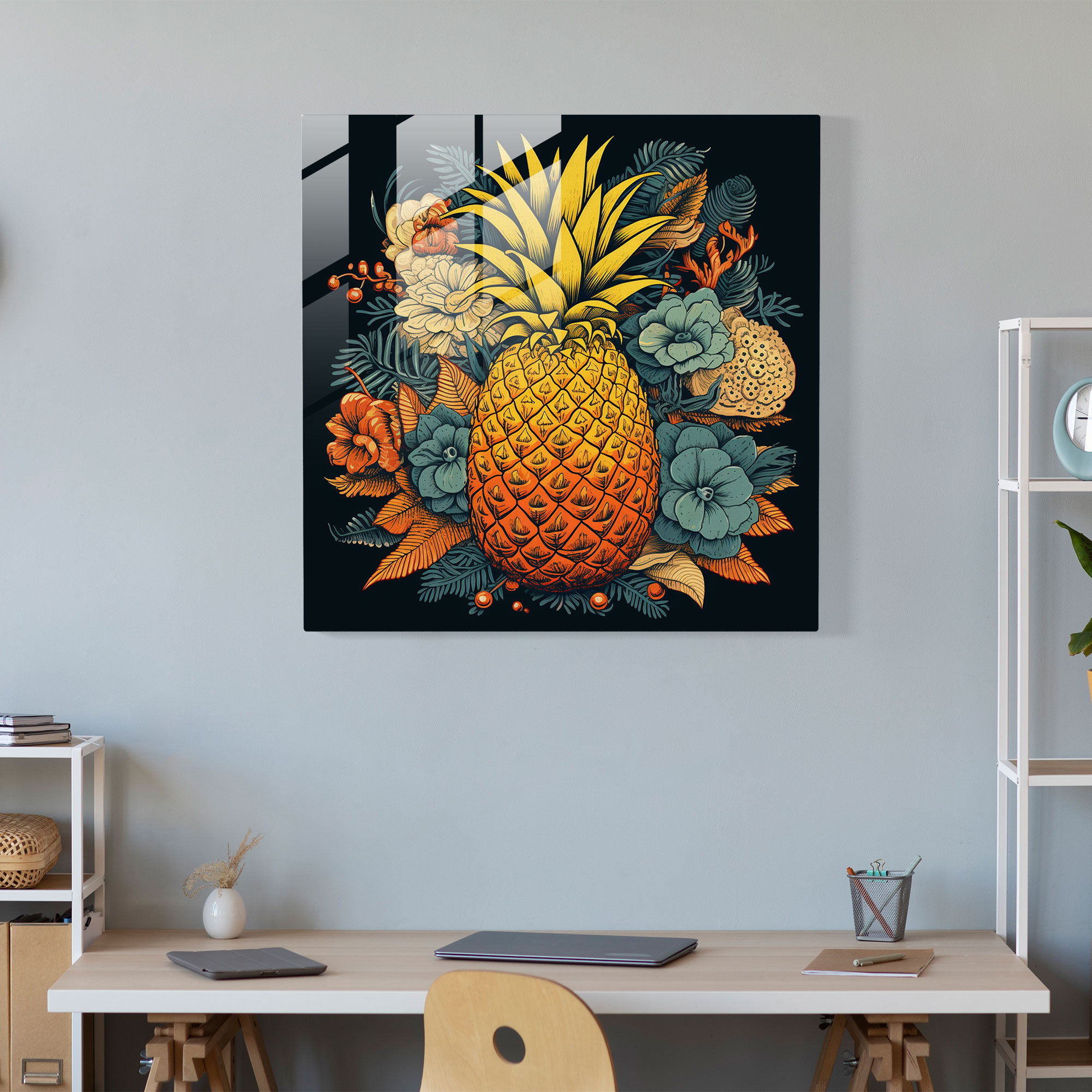 Botanical Pineapple Glass Print - Pineapple, Contemporary Illustration, Botanical Elements, Glass Art