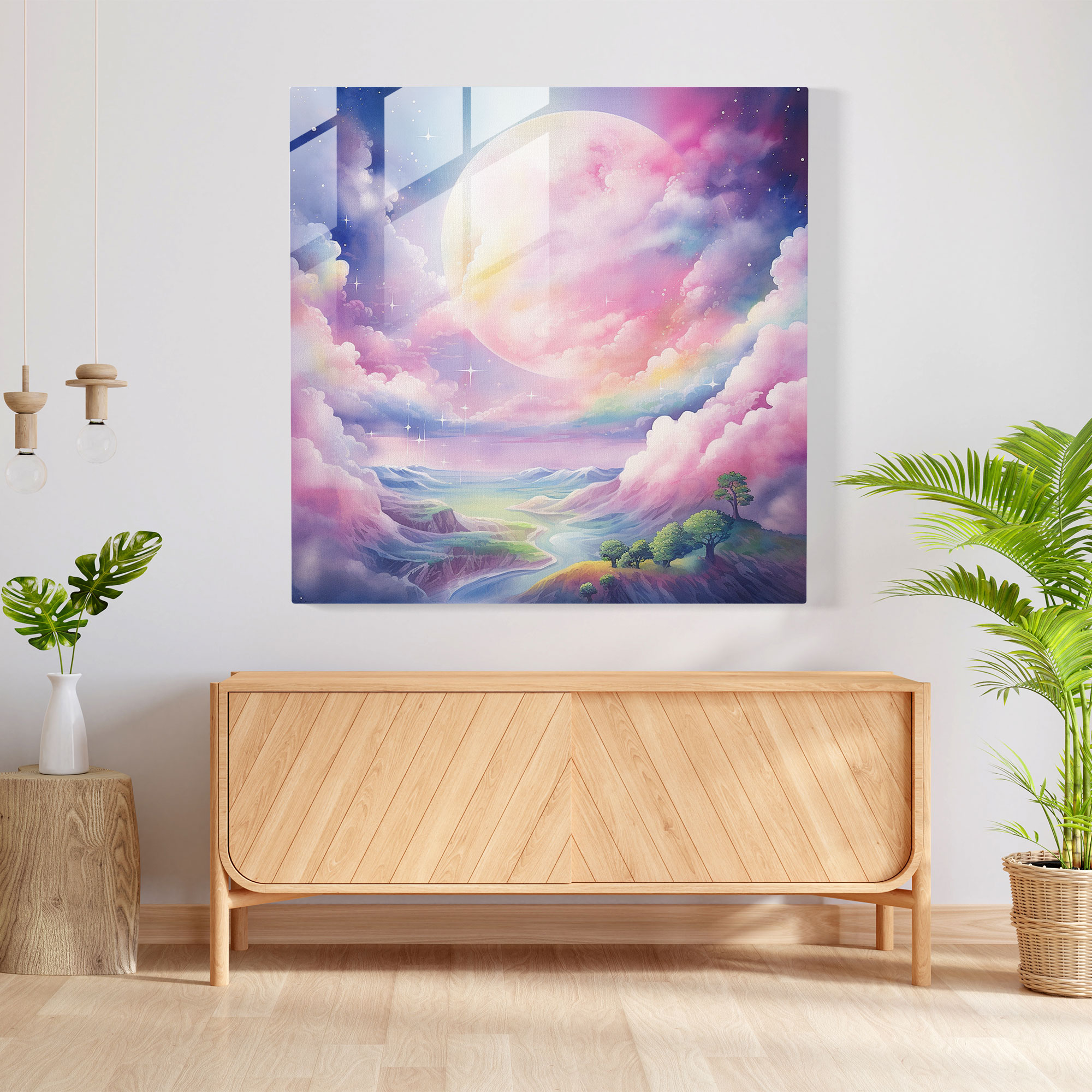 Glasbild Pink Floyd - Mondlicht Regenbogen Landschaft - Pink Floyd Aquarell Gemälde Wanddekoration Glas Kunst