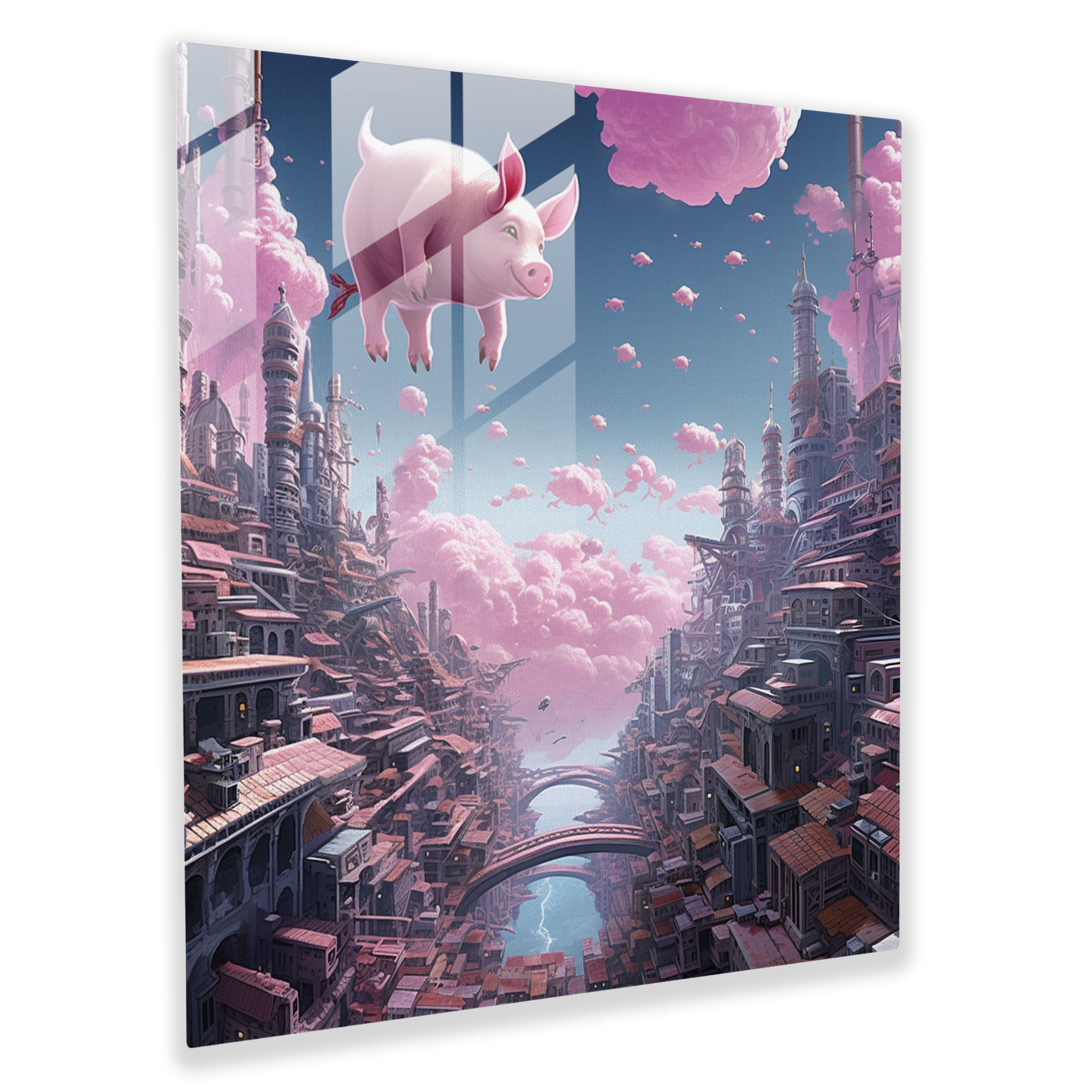 Glasbild von Pink Floyd: Futuristische Stadtszene mit fliegenden Schweinen