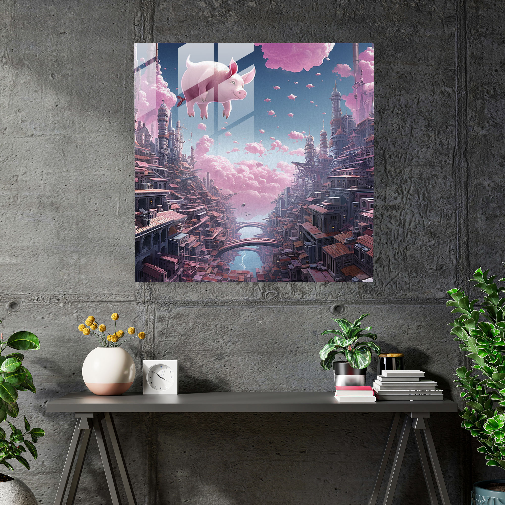 Glasbild von Pink Floyd: Futuristische Stadtszene mit fliegenden Schweinen