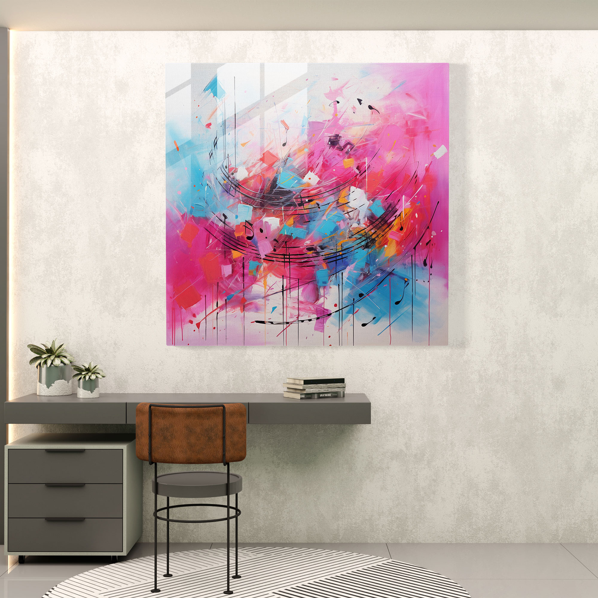 Glasbild Pink Floyd - Abstrakter expressionistischer Chaos - Lebendige Pinselstriche Musiknoten Glas Kunst