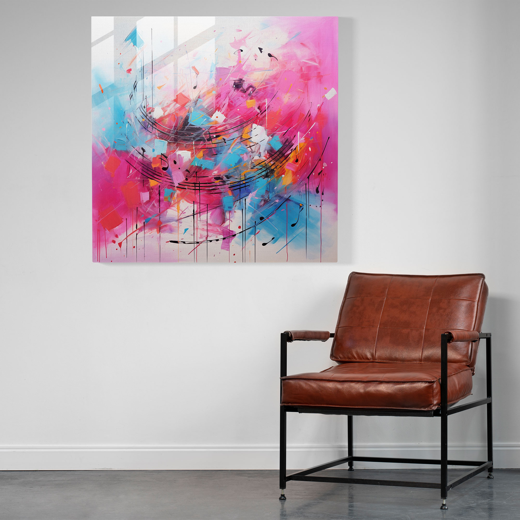 Glasbild Pink Floyd - Abstrakter expressionistischer Chaos - Lebendige Pinselstriche Musiknoten Glas Kunst