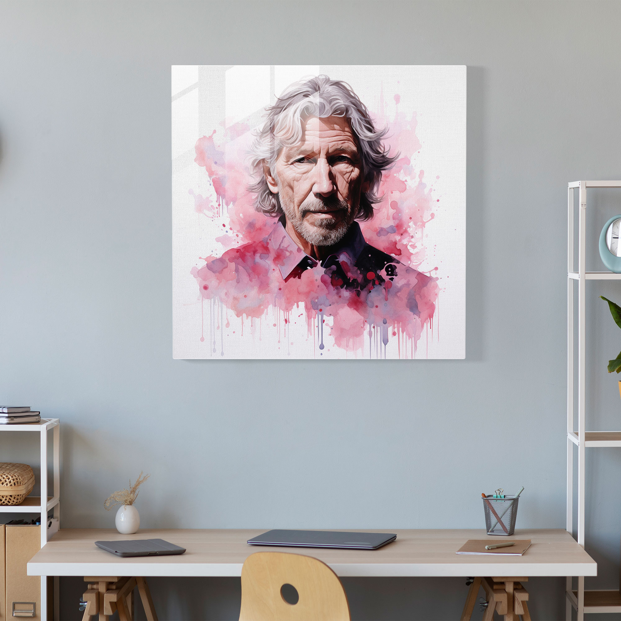 Glasbild Pink Floyd - Roger Waters Aquarellportrait - Wanddekoration Aquarellportrait Glaswandkunst