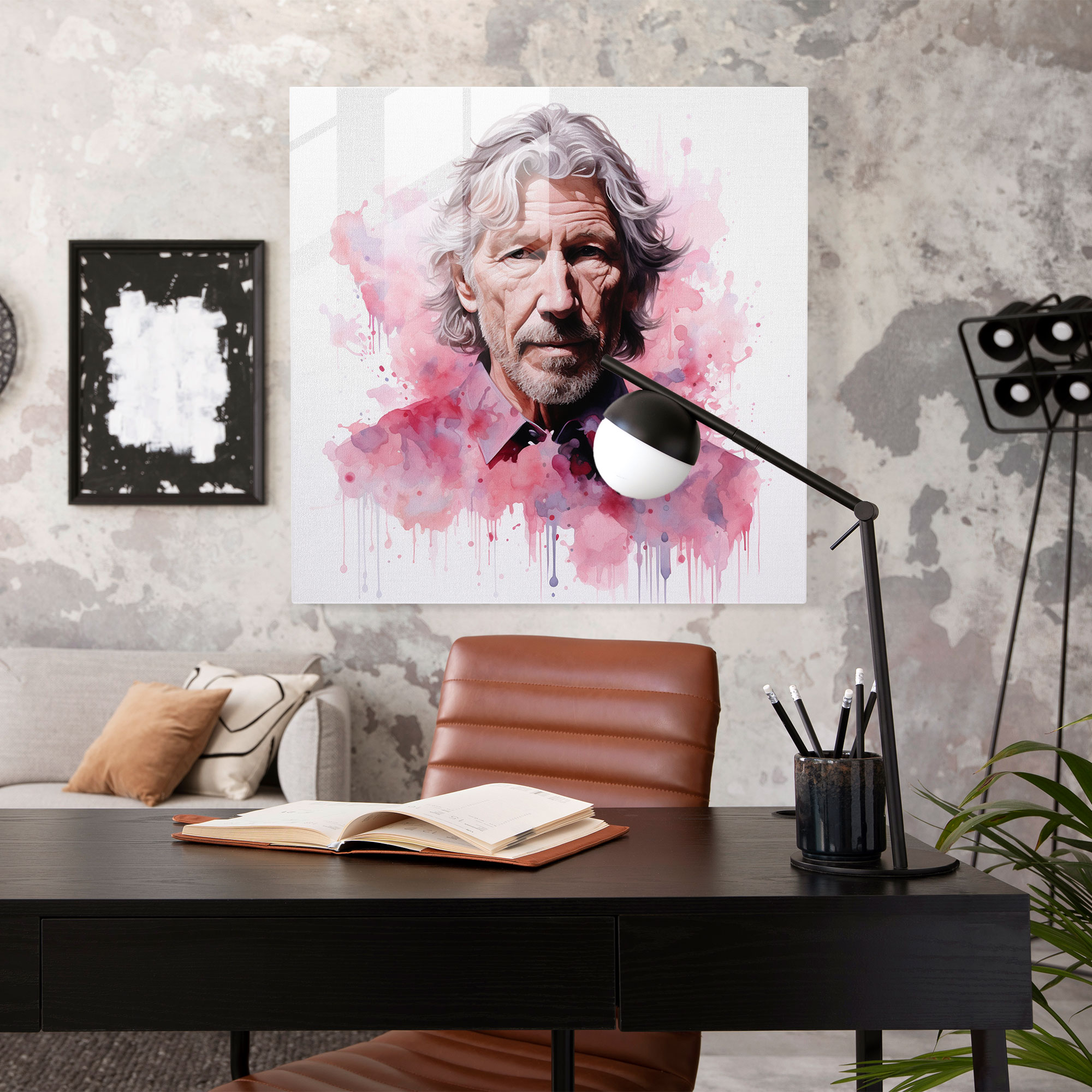 Glasbild Pink Floyd - Roger Waters Aquarellportrait - Wanddekoration Aquarellportrait Glaswandkunst