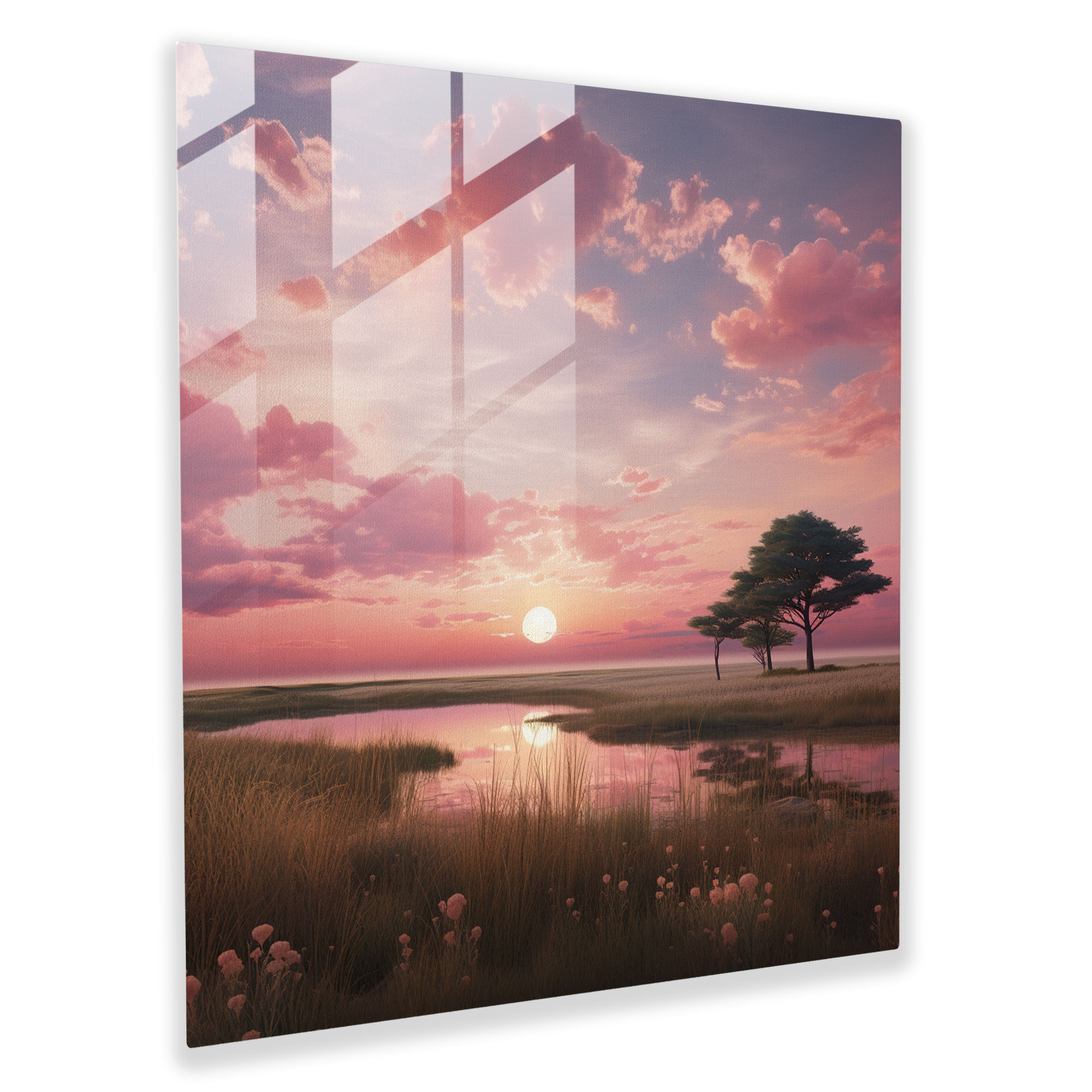 Glasbild Pink Floyd - Gelassene rosa Sonnenuntergangslandschaft - Pink Floyd Weites Feld Rosa Sonnenuntergang Moderne Kunst