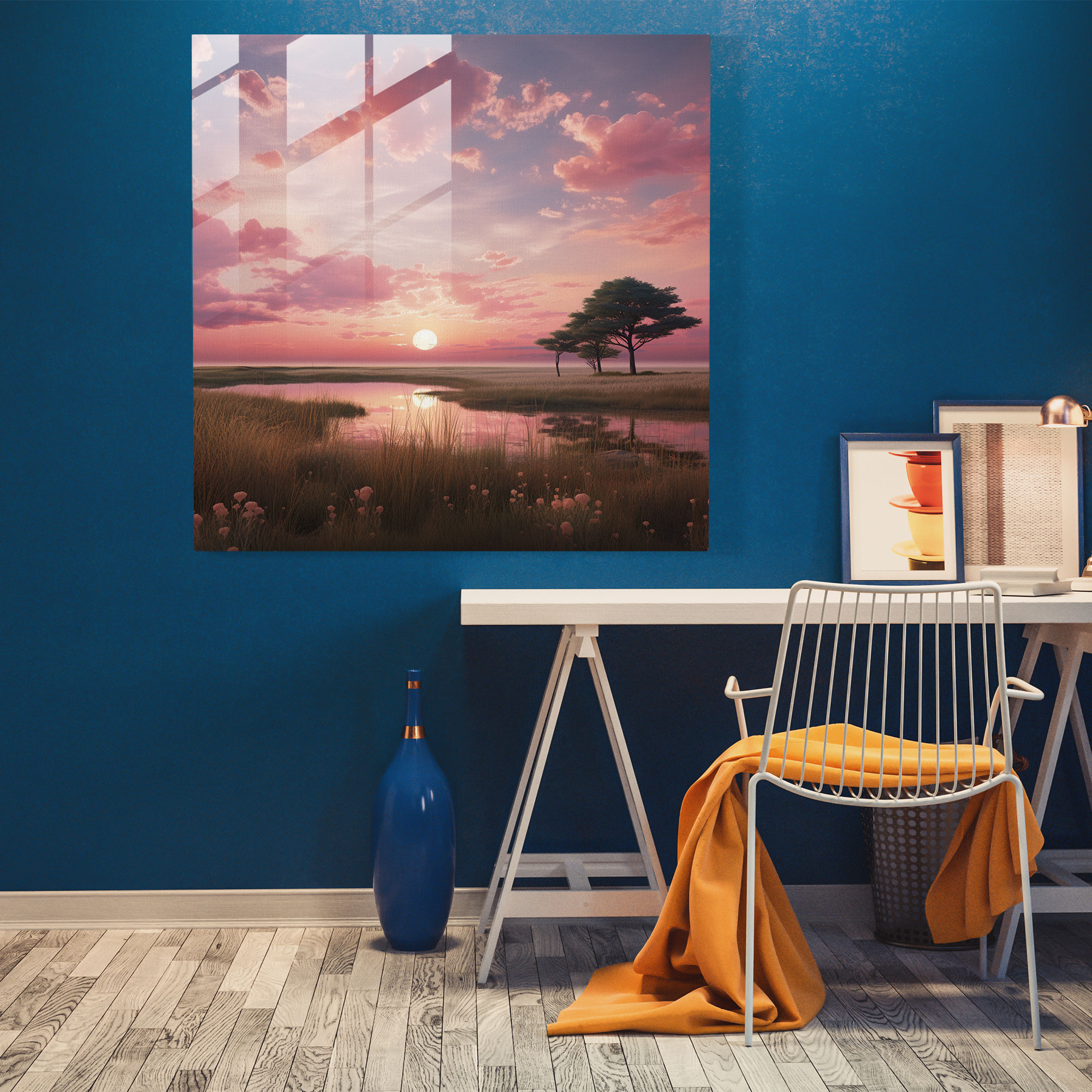 Glasbild Pink Floyd - Gelassene rosa Sonnenuntergangslandschaft - Pink Floyd Weites Feld Rosa Sonnenuntergang Moderne Kunst