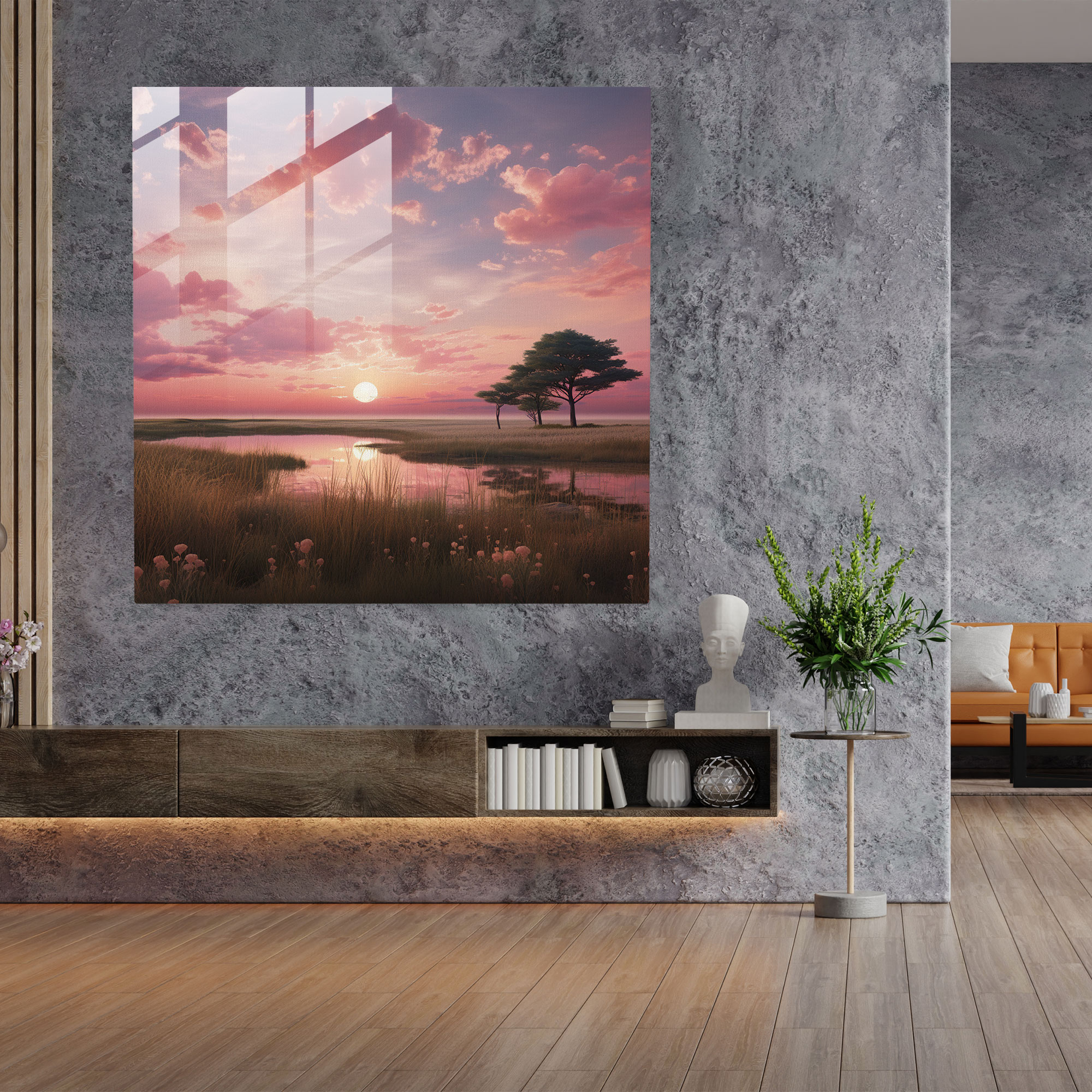 Glasbild Pink Floyd - Gelassene rosa Sonnenuntergangslandschaft - Pink Floyd Weites Feld Rosa Sonnenuntergang Moderne Kunst