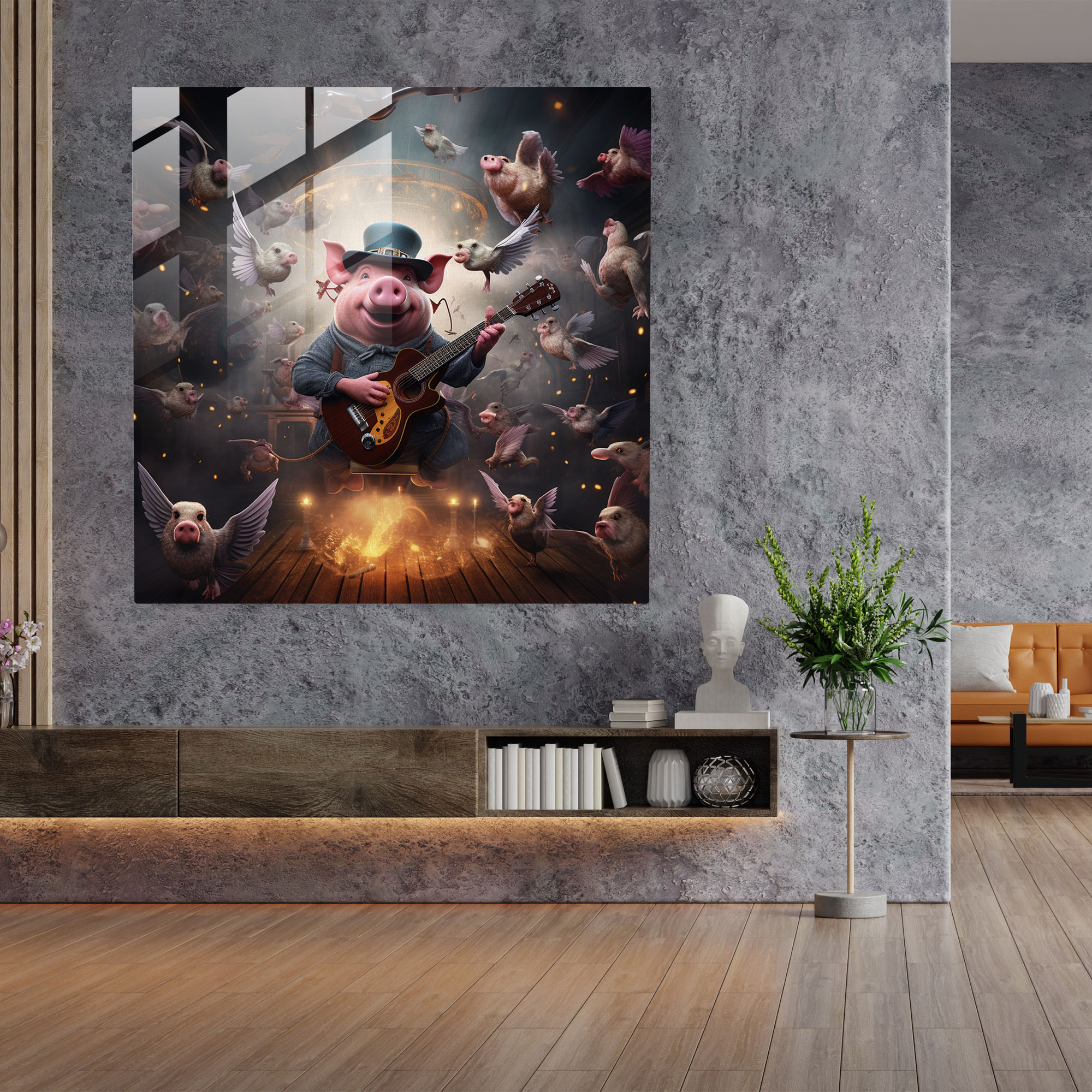 Glasbild Schwebendes Schwein und Fliegende Gitarren - Pink Floyd Musik Fantasie