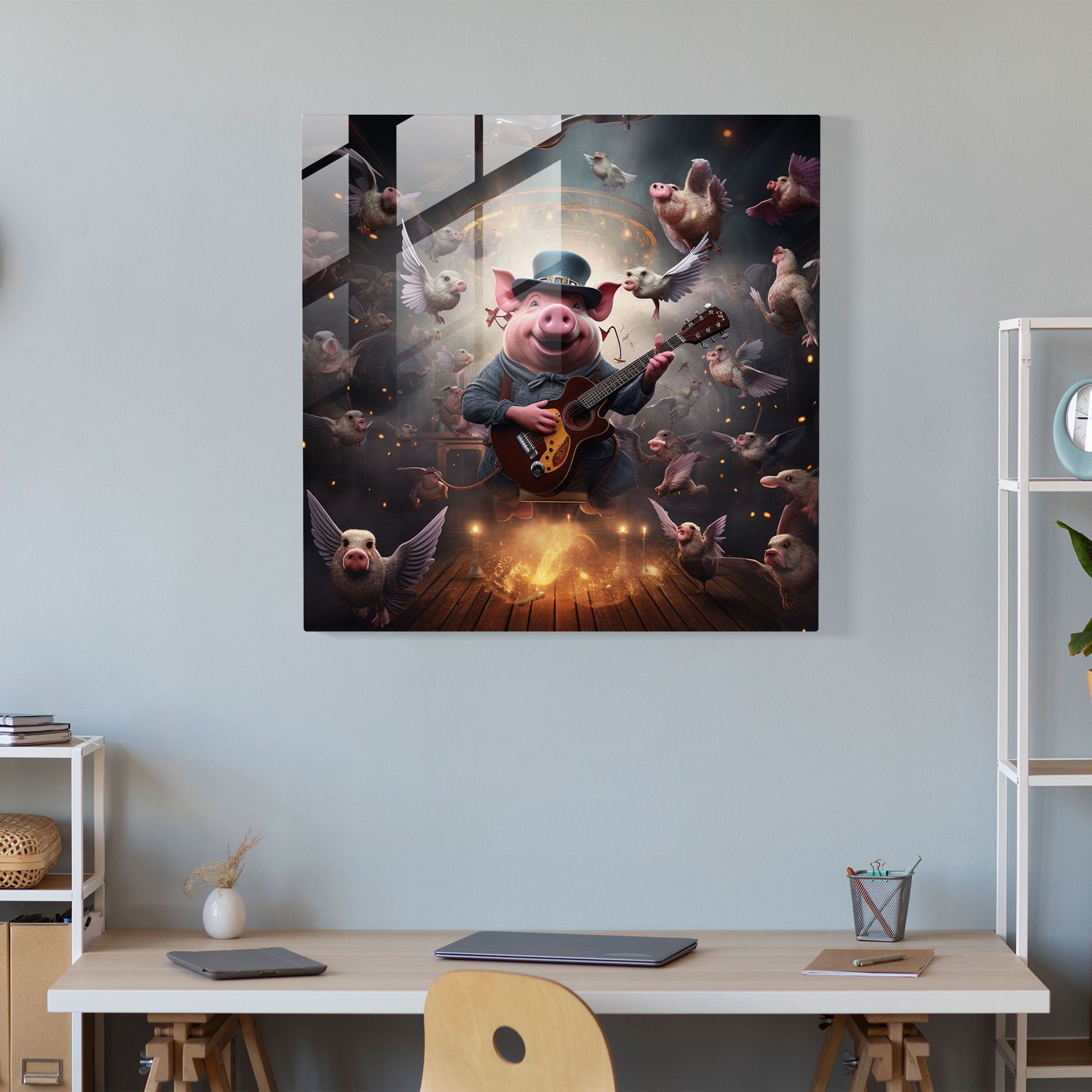 Glasbild Schwebendes Schwein und Fliegende Gitarren - Pink Floyd Musik Fantasie