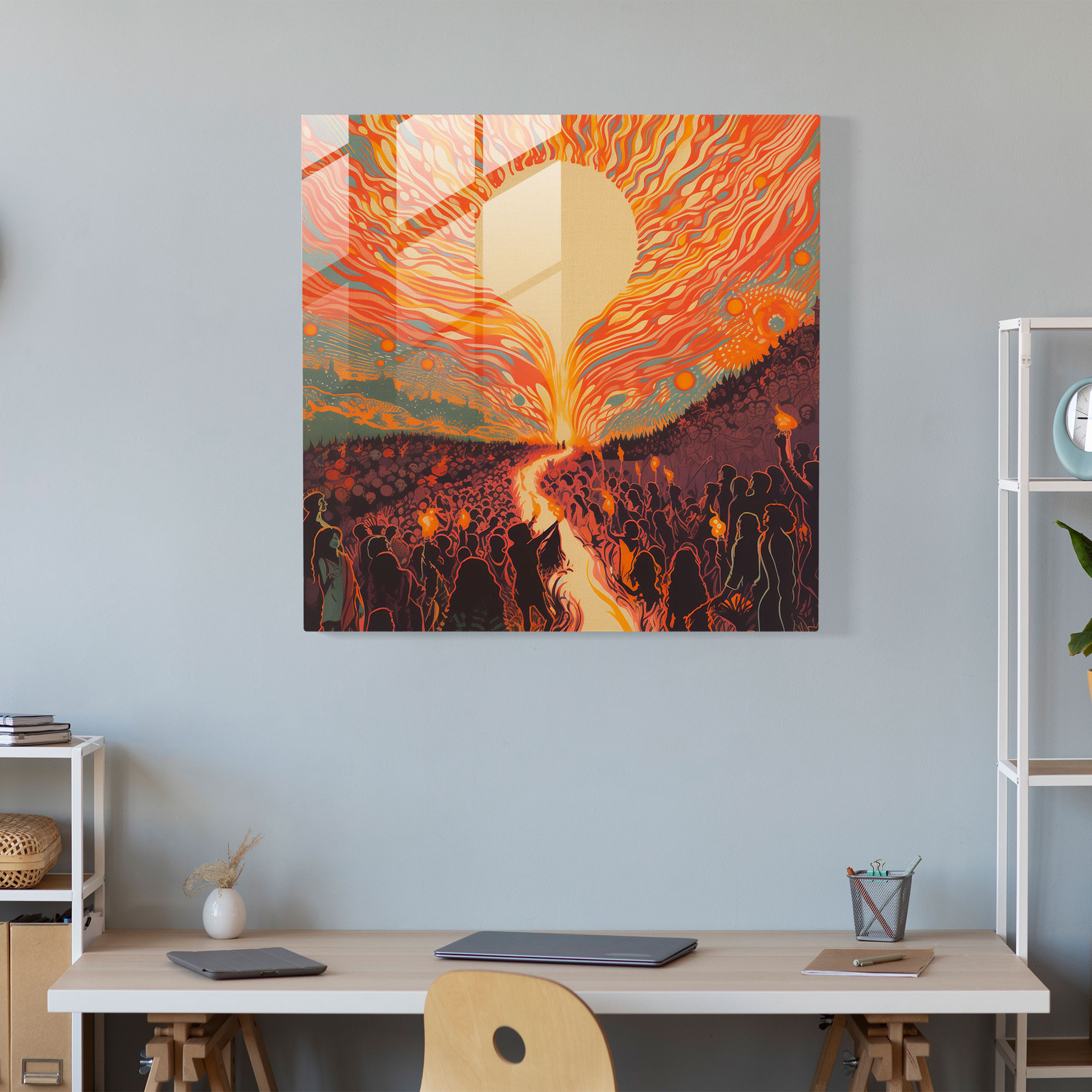 Glasbild Pink Floyd - Konzertplakat mit psychedelischer Menge - Wanddekoration Glas Kunst Vintage Konzertplakat
