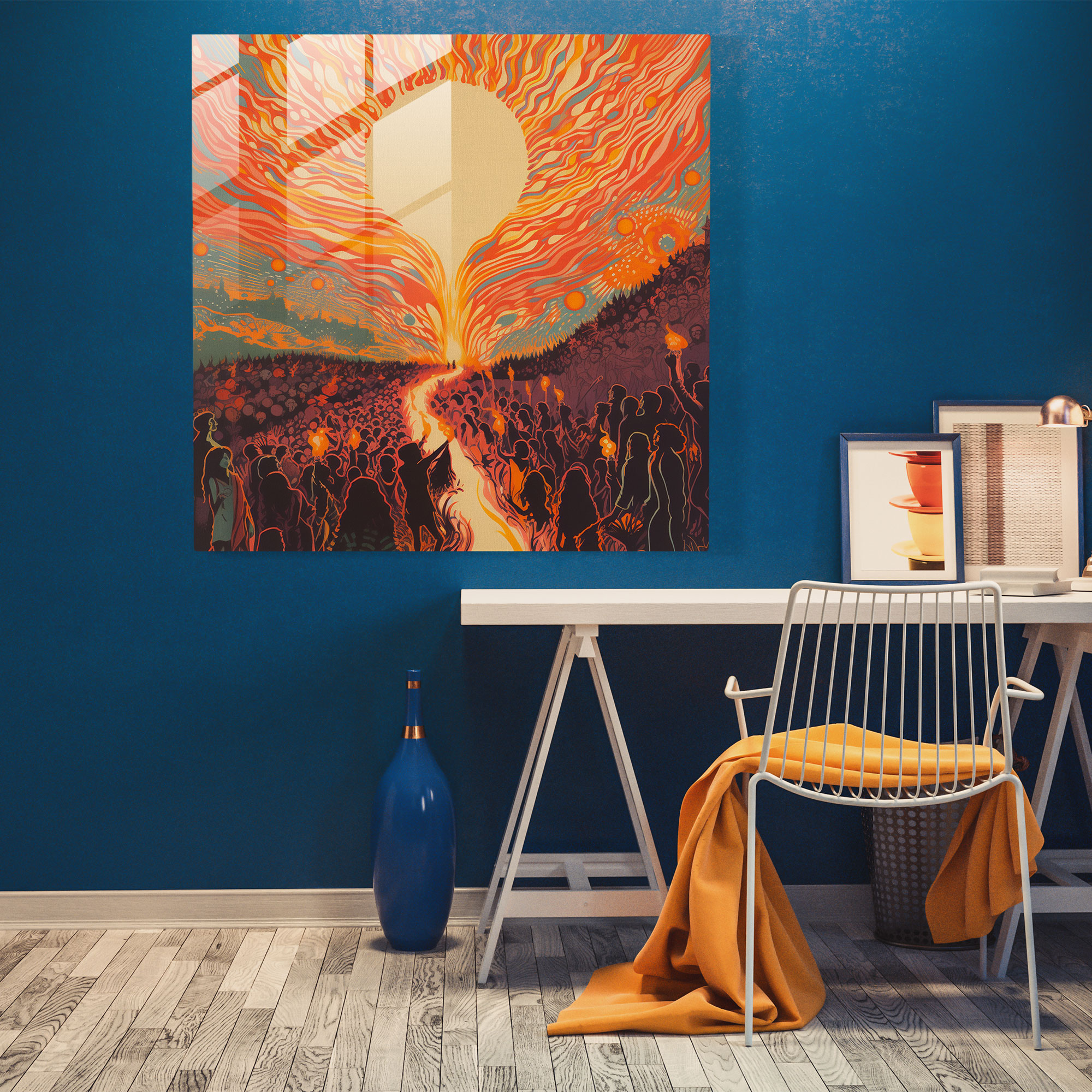 Glasbild Pink Floyd - Konzertplakat mit psychedelischer Menge - Wanddekoration Glas Kunst Vintage Konzertplakat