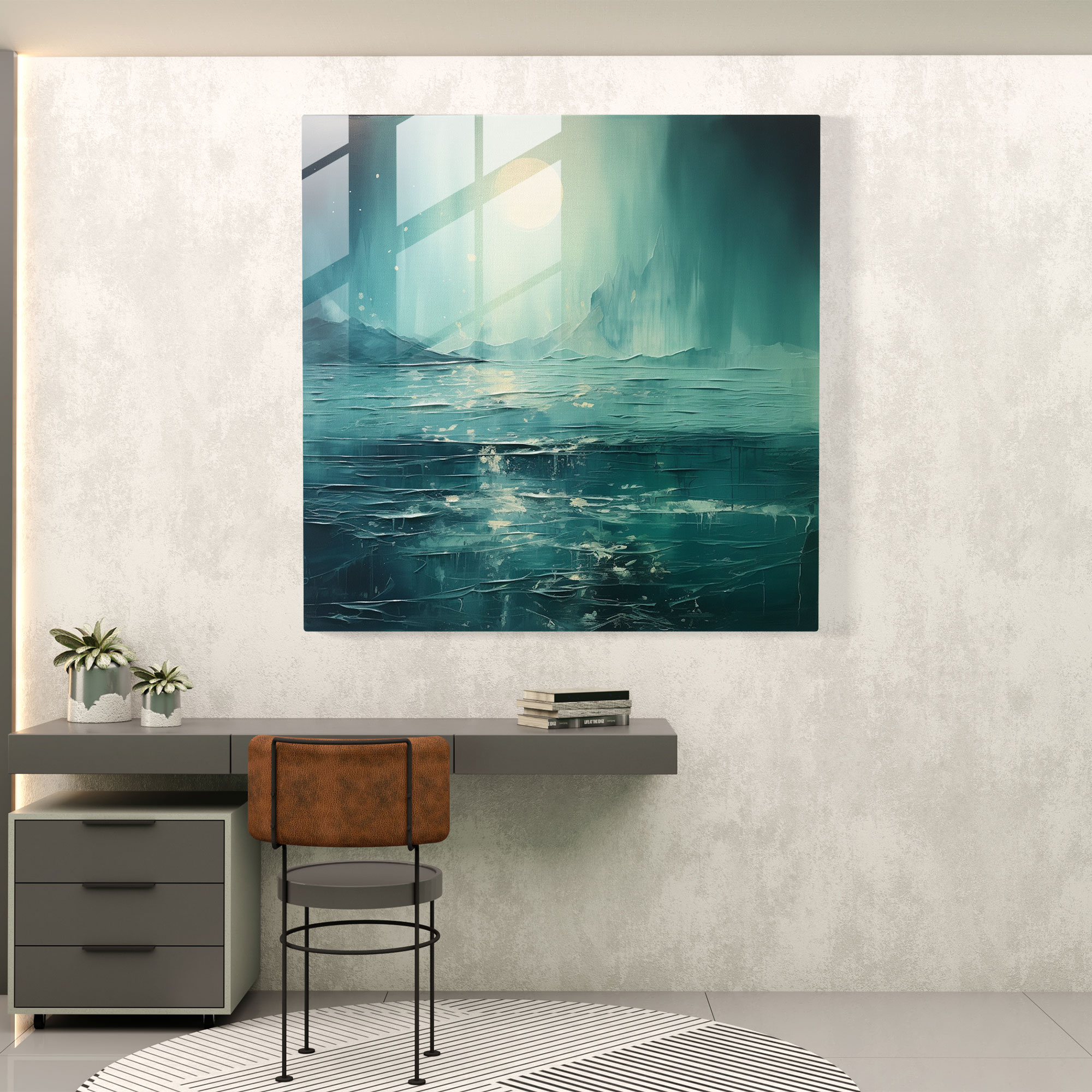 Glasbild Pink Floyd - Ruhevolles Meer mit schwebender Wand - Pink Floyd Ruhevolles Meer Wohn-Deko Künstlerische Interpretation.