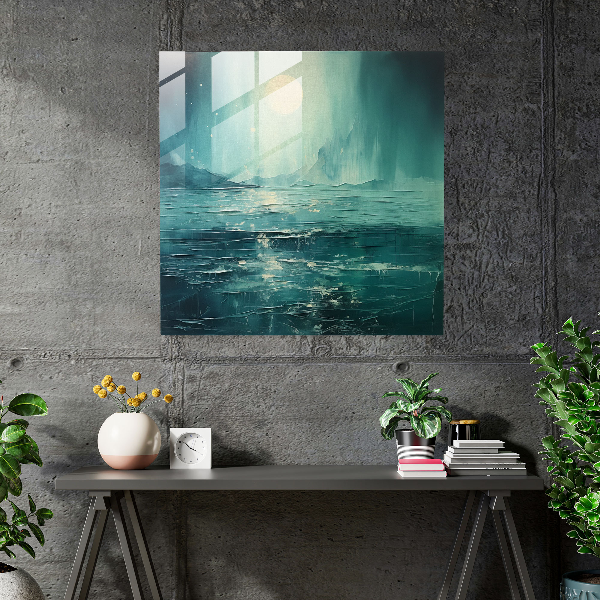 Glasbild Pink Floyd - Ruhevolles Meer mit schwebender Wand - Pink Floyd Ruhevolles Meer Wohn-Deko Künstlerische Interpretation.