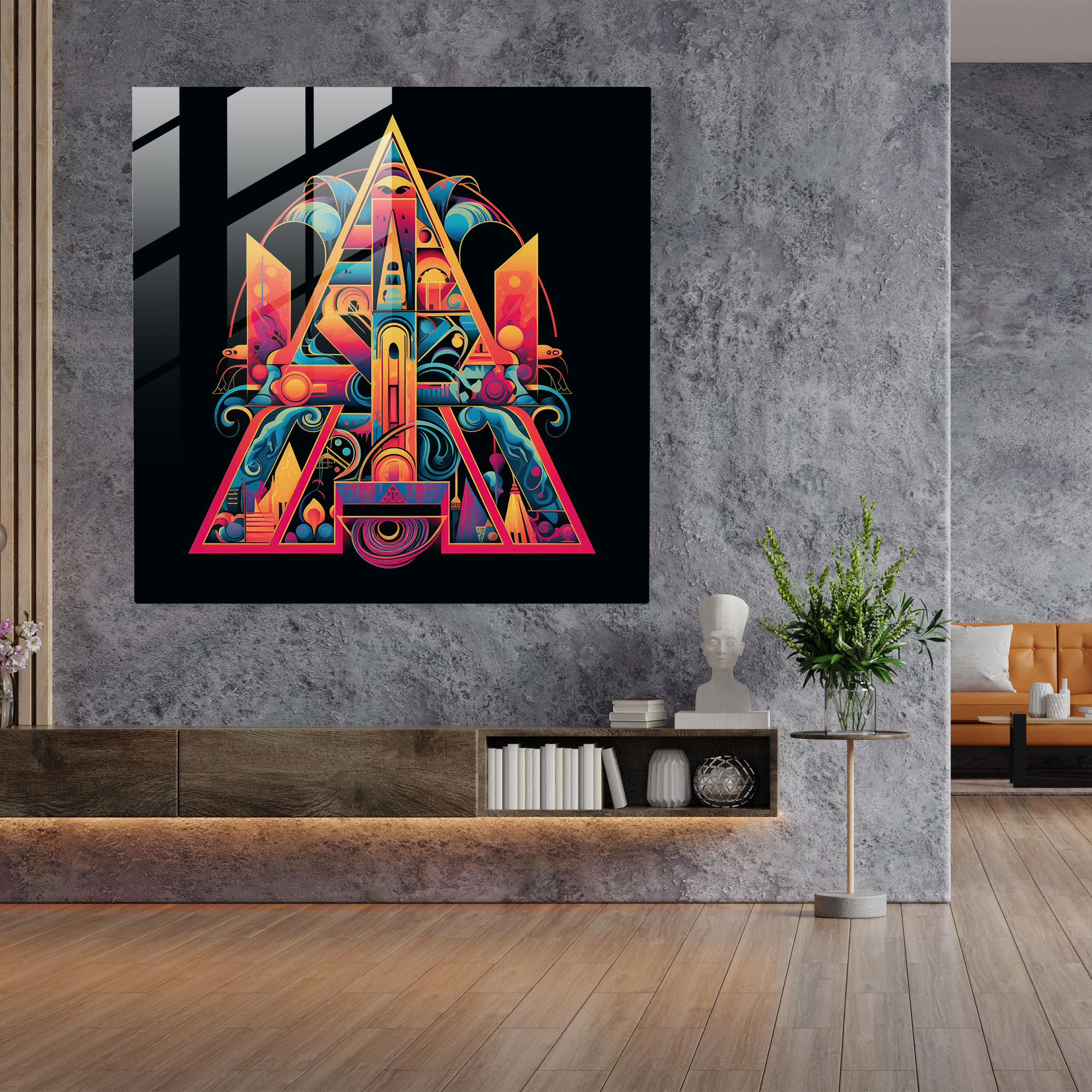 Glasbild Pink Floyd - Retro Psychedelische Typografie - Wanddekoration Lebendig Glaswandkunst