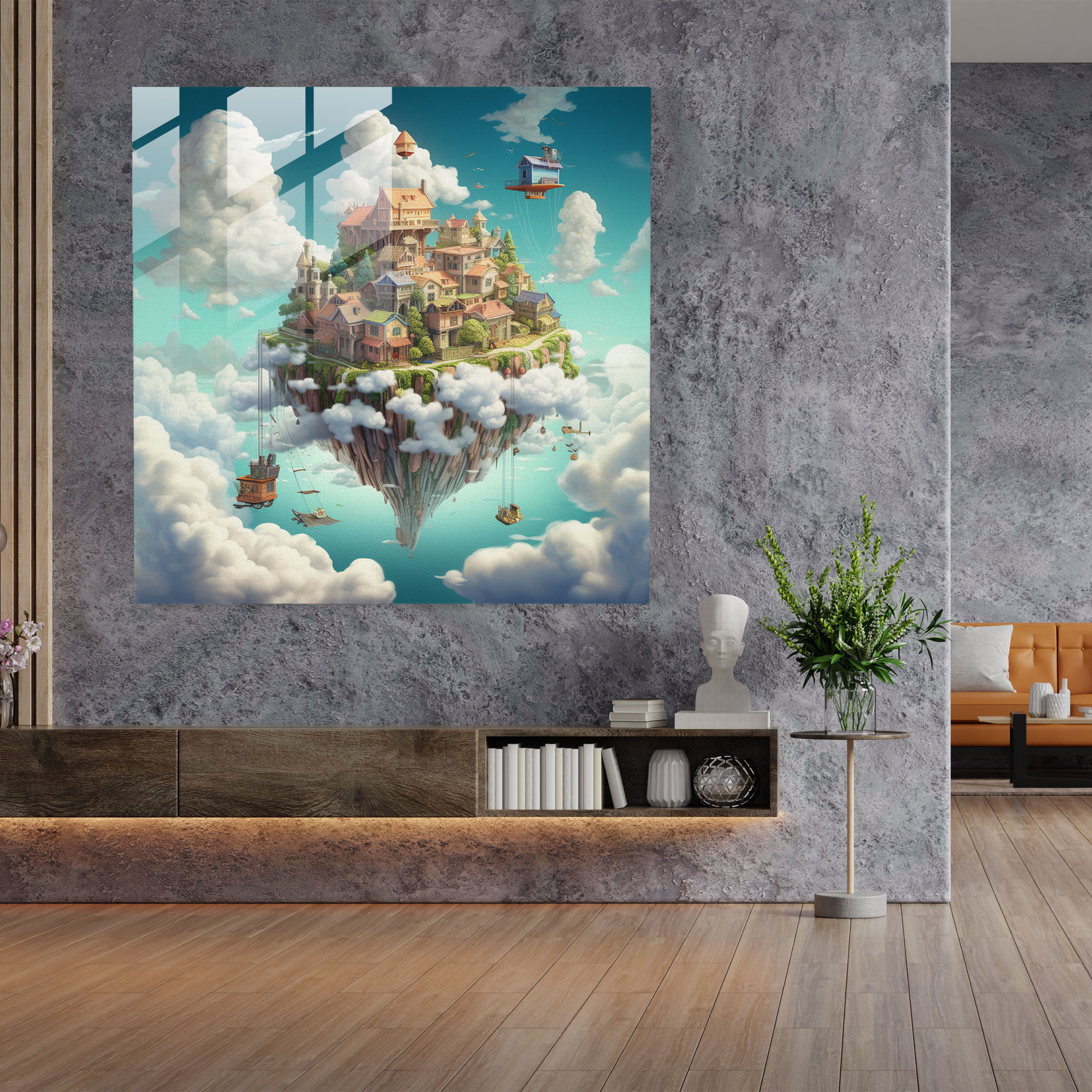 Glasbild Pink Floyd - Schwebendes Haus über städtischer Landschaft - Fusion Urban Landscape