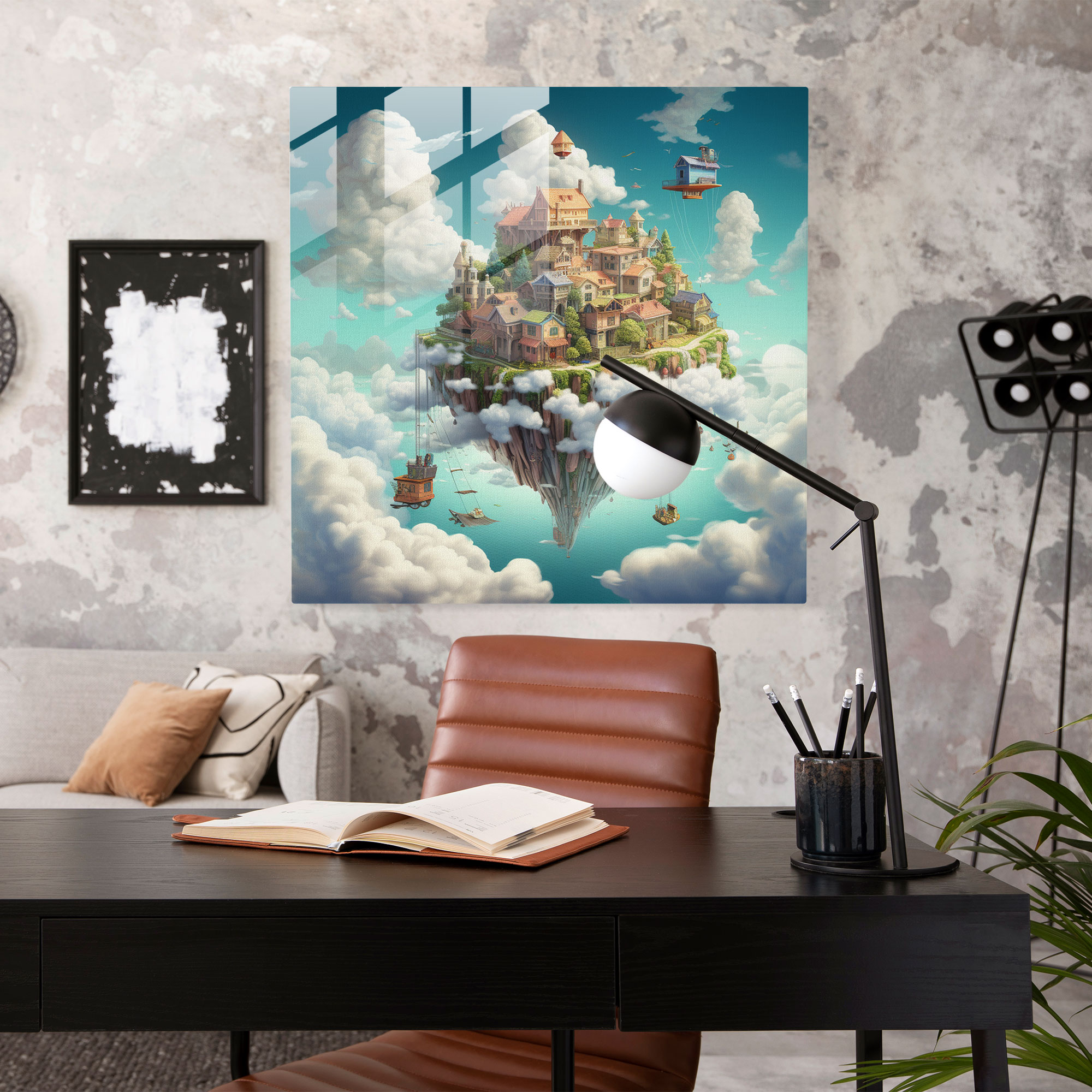 Glasbild Pink Floyd - Schwebendes Haus über städtischer Landschaft - Fusion Urban Landscape