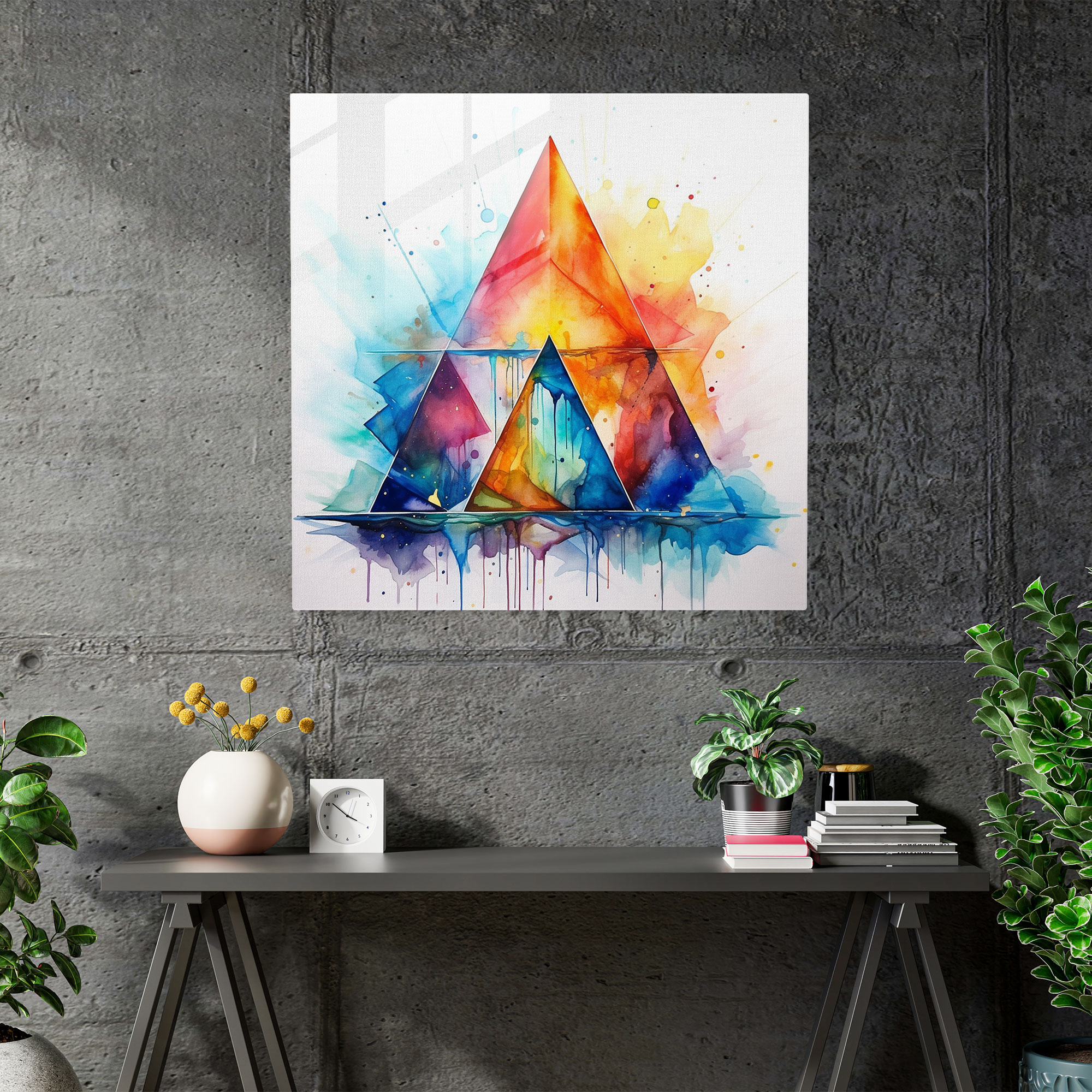 Pink Floyd Glass Print - Abstract Watercolor Pyramid - Pink Floyd, Glass Print, Pyramid Shape, Wall Decoration