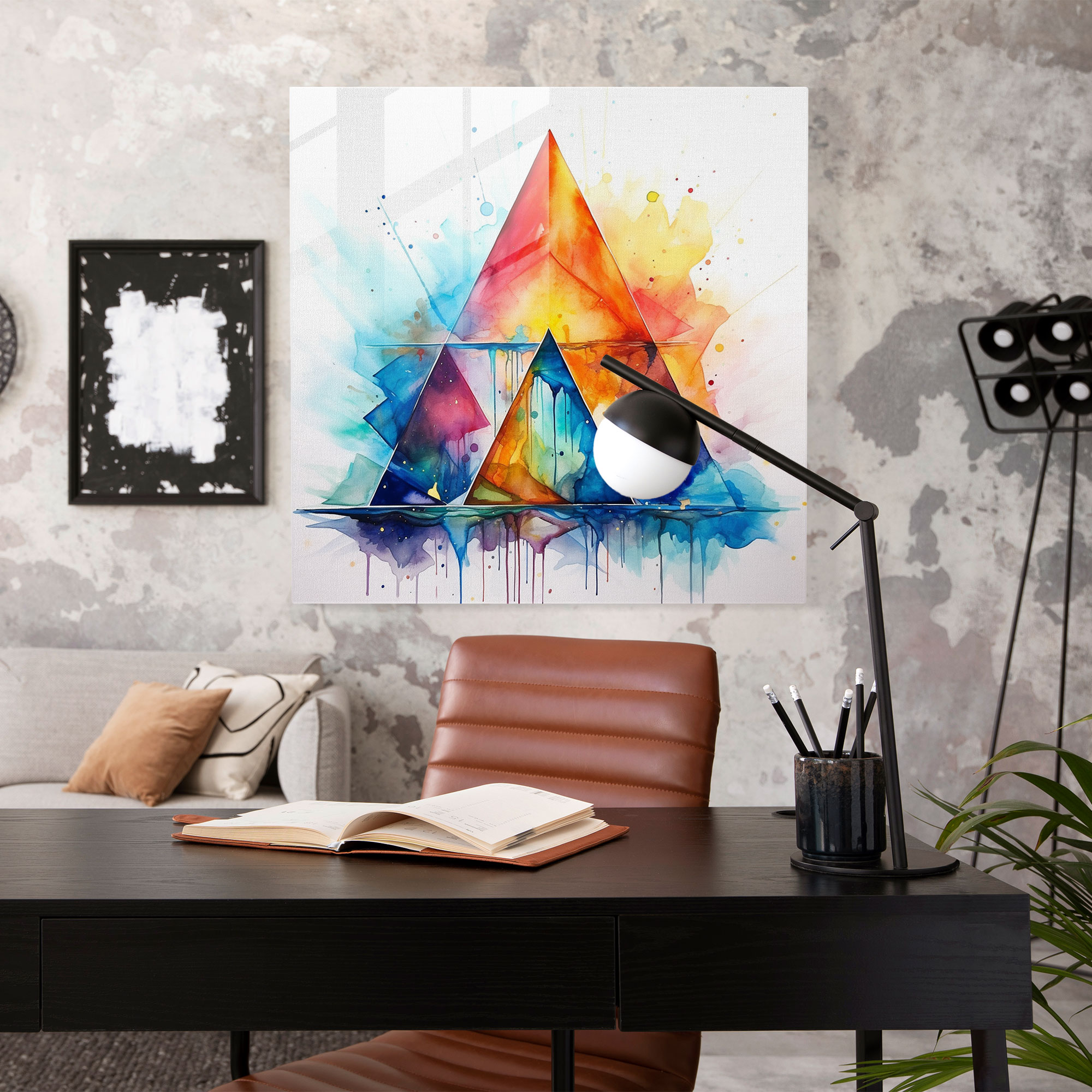 Pink Floyd Glass Print - Abstract Watercolor Pyramid - Pink Floyd, Glass Print, Pyramid Shape, Wall Decoration