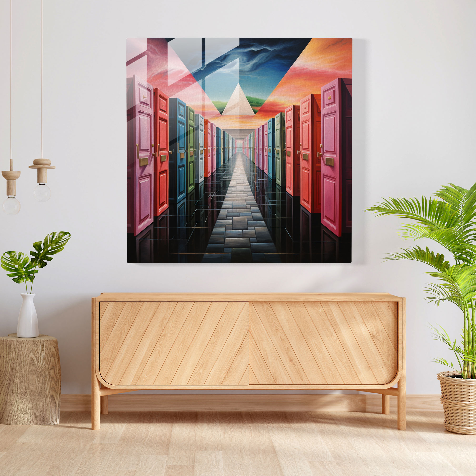 Glasbild Pink Floyd - Surreale Tür der Albumcover - Wanddekoration Modern Art