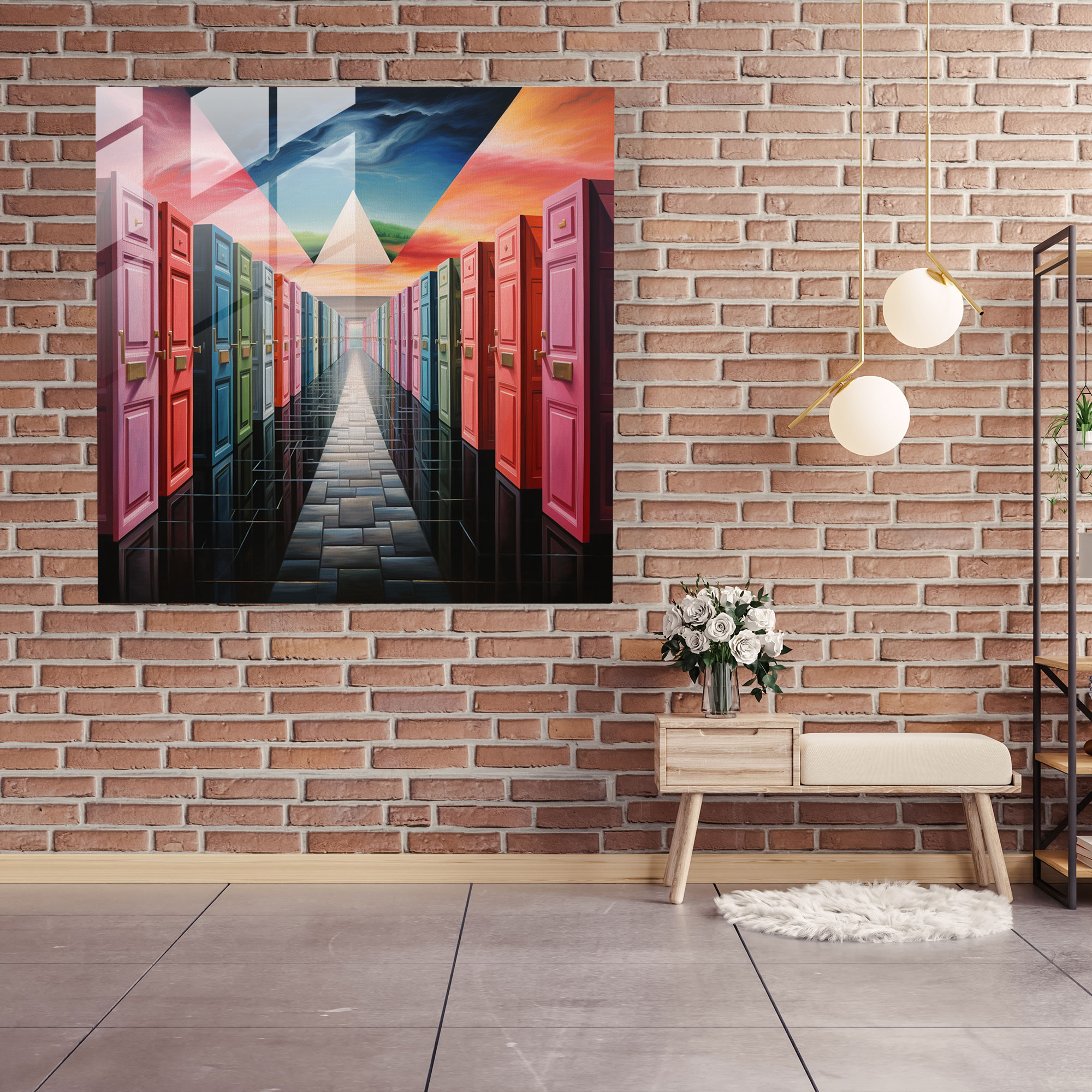 Glasbild Pink Floyd - Surreale Tür der Albumcover - Wanddekoration Modern Art