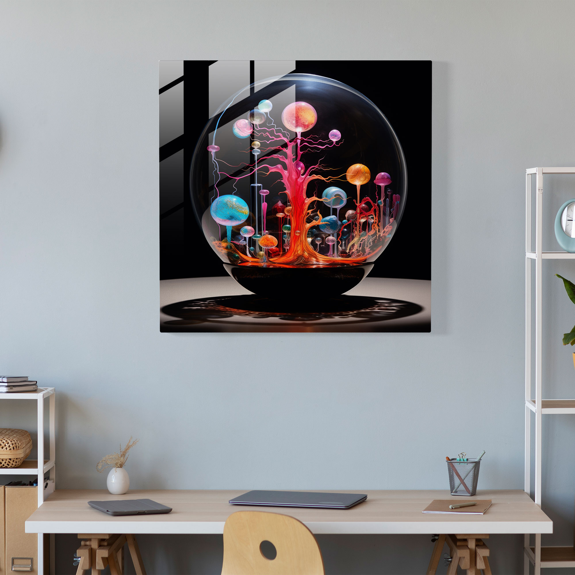 Glasbild Pink Floyd - Surreales psychedelisches Kunstwerk - Pink Floyd Glasbild Wanddekoration psychedelische Symbole