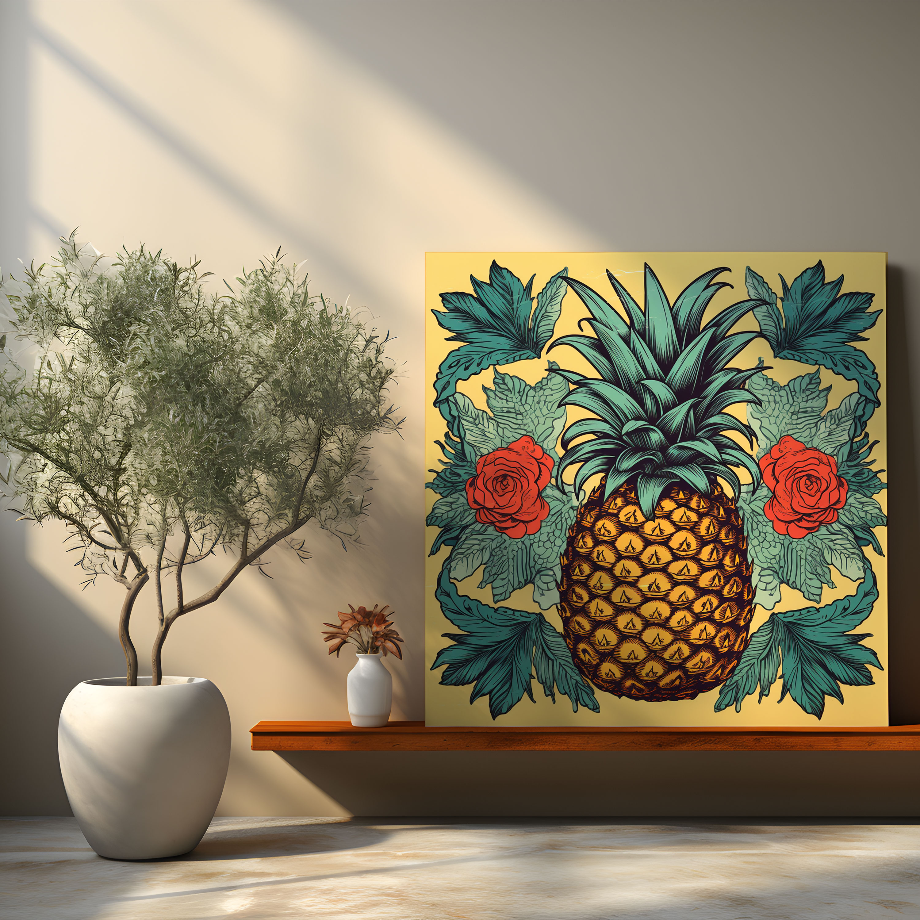 Vintage Ananas Leinwandbild - Künstlerische Wanddekoration - Detaillierte Vintage Ananas Vintage Farbpalette