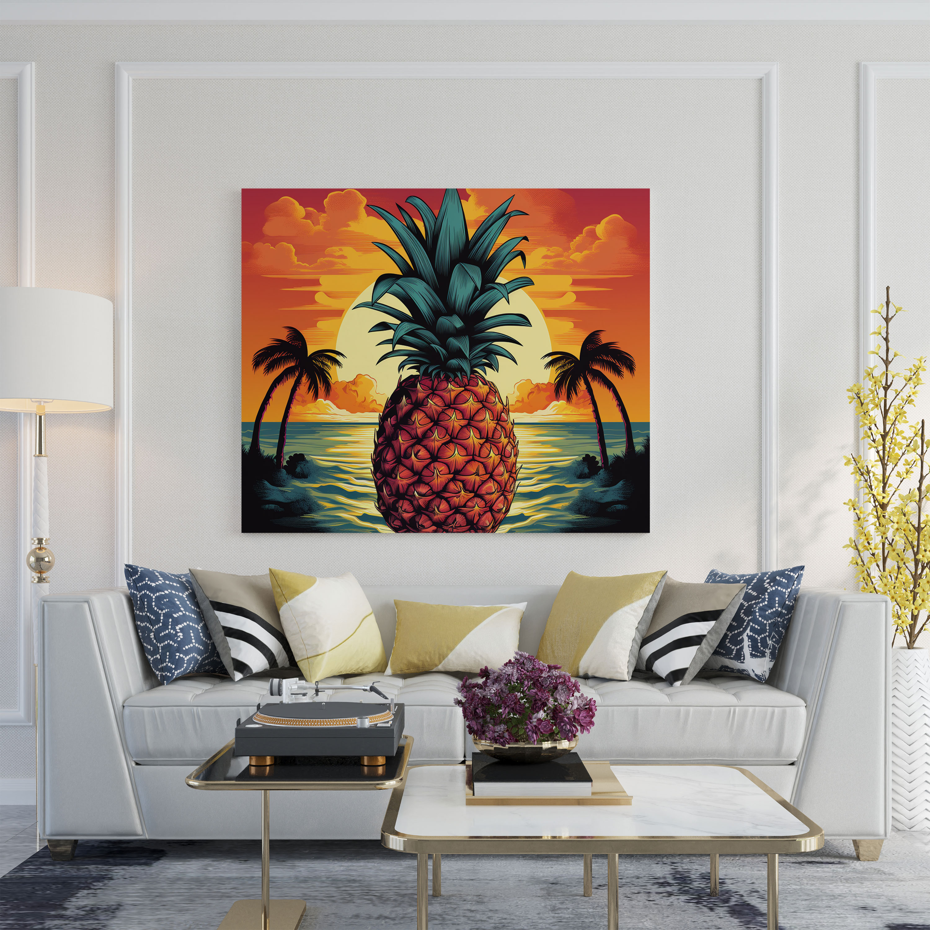 Ananas Leinwandbild - Sonnenuntergang Silhouette - Wandkunst Leinwandbild Wanddekoration