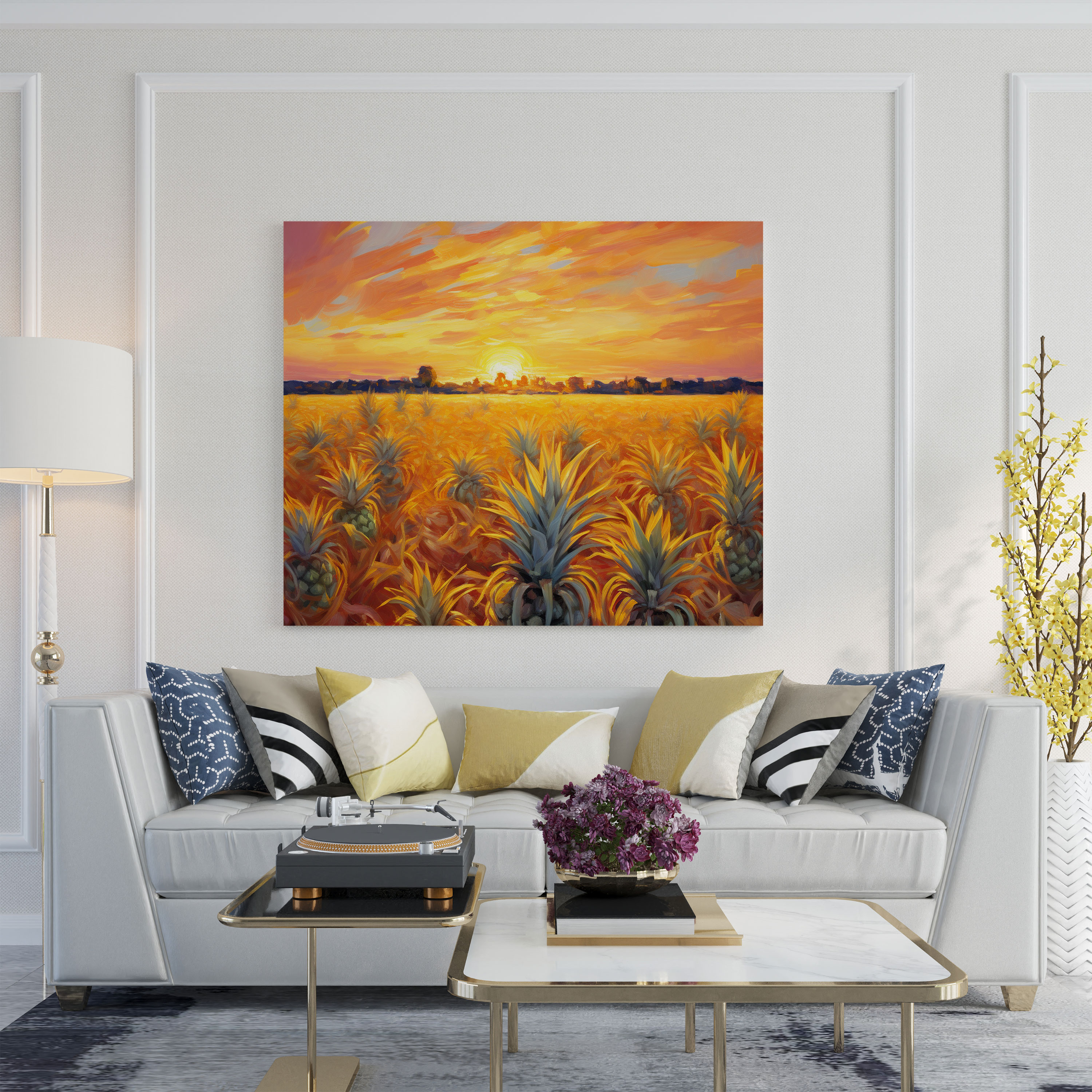 Ananas Leinwandbild - Goldener Sonnenuntergang - Wanddekoration Leinwandkunst Ananas Druck