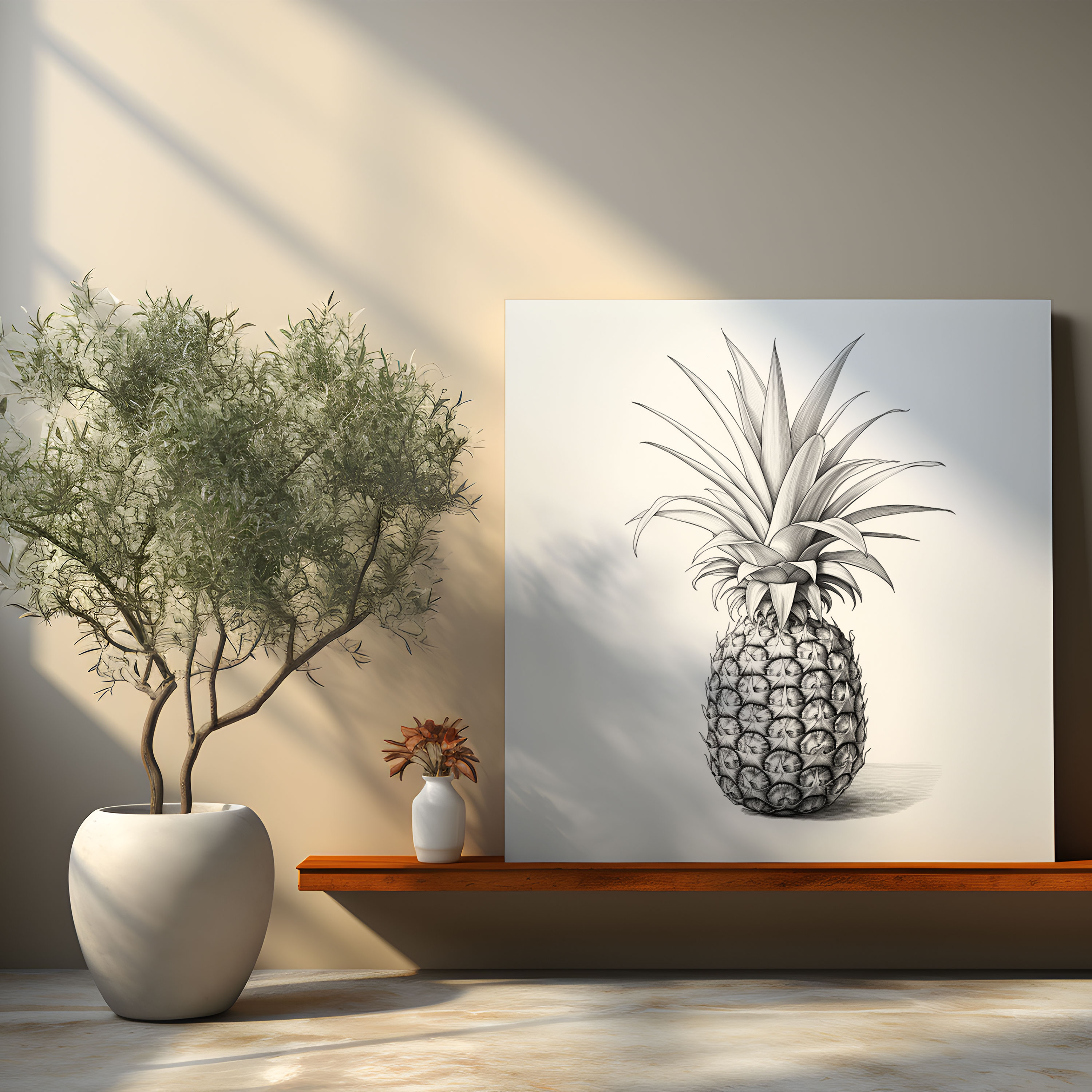 Minimalistische Ananas Wandkunst - Graustufen-Illustration - Ananas Minimalistisches Ananas Wandkunst Leinwandbild Wohnkultur