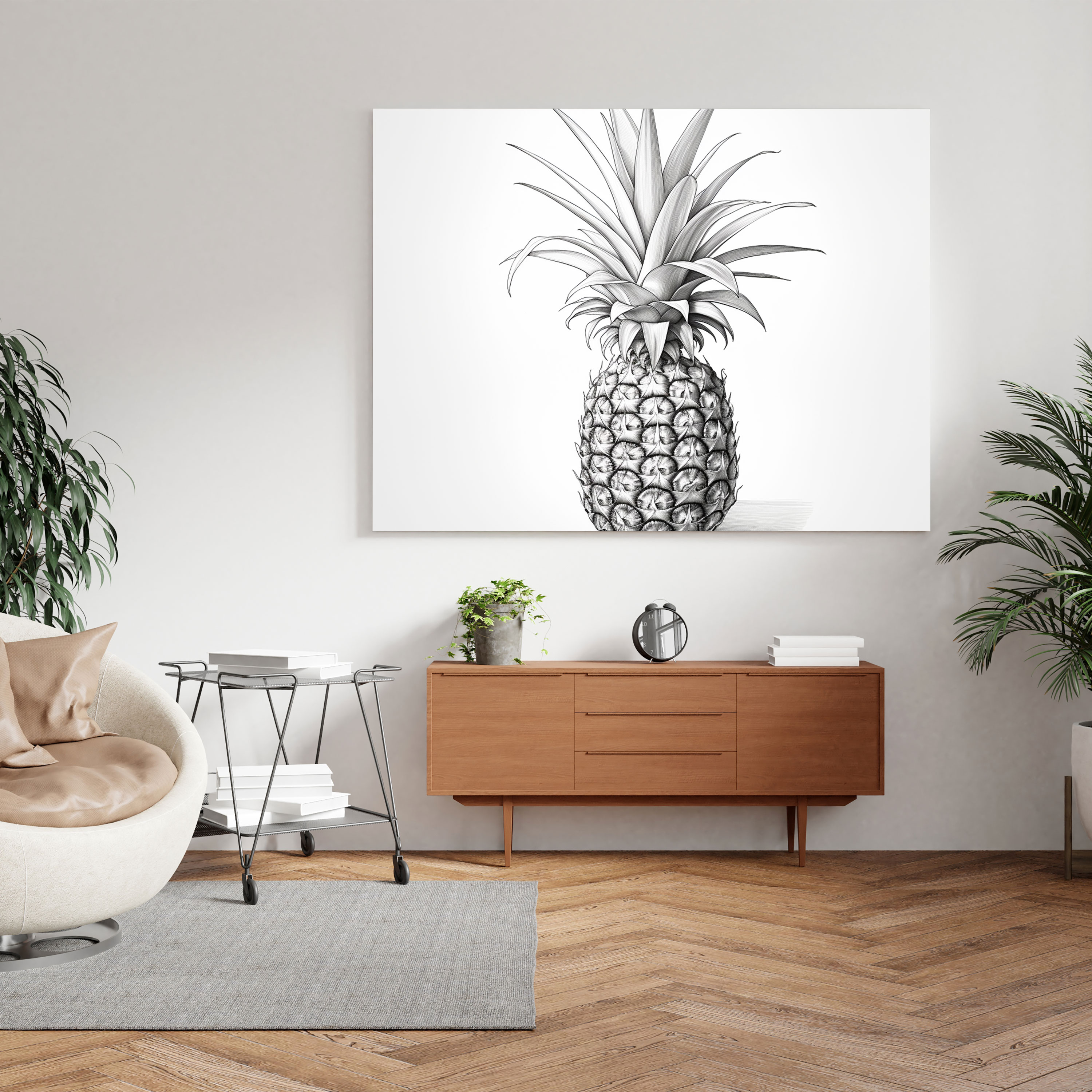 Minimalistische Ananas Wandkunst - Graustufen-Illustration - Ananas Minimalistisches Ananas Wandkunst Leinwandbild Wohnkultur