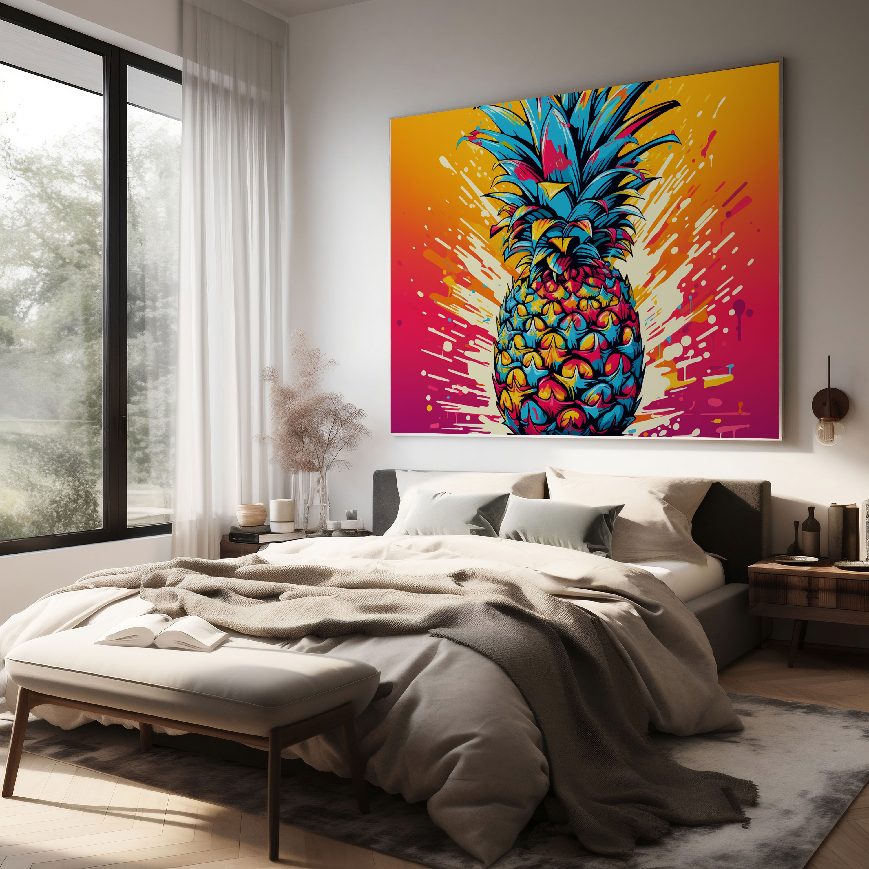 Pop Art Ananas Wandkunst - Leinwandbild mit lebendigen Farben und verspielter Pop-Art-Illustration