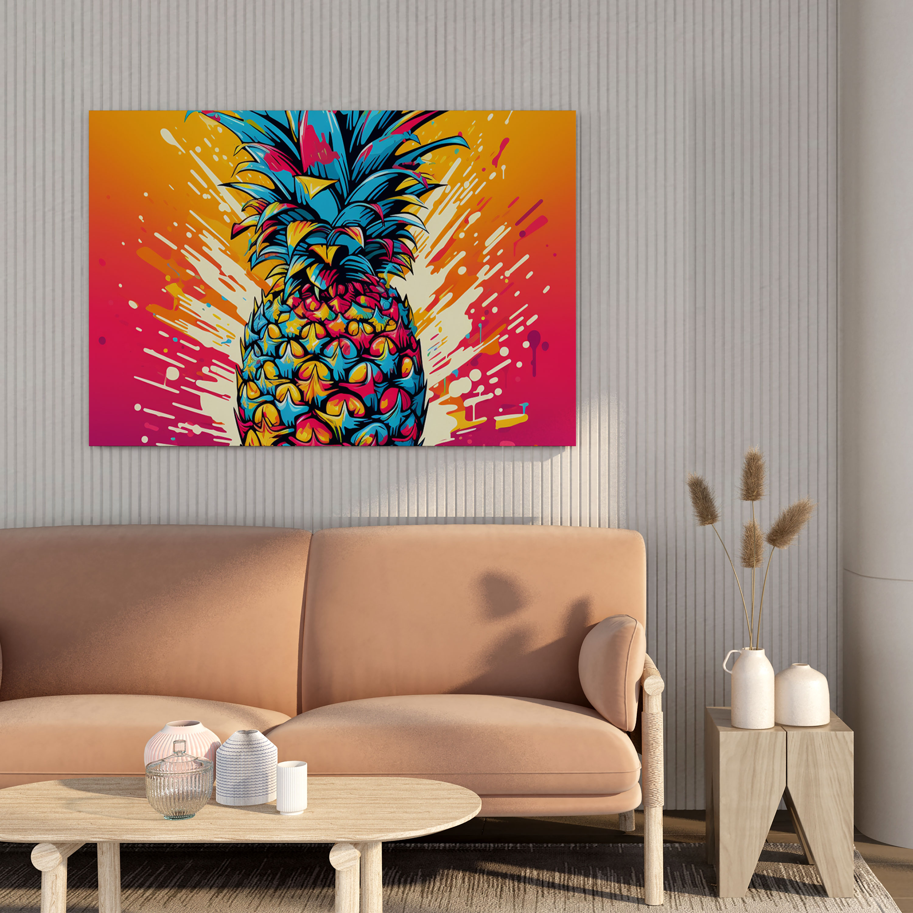 Pop Art Ananas Wandkunst - Leinwandbild mit lebendigen Farben und verspielter Pop-Art-Illustration